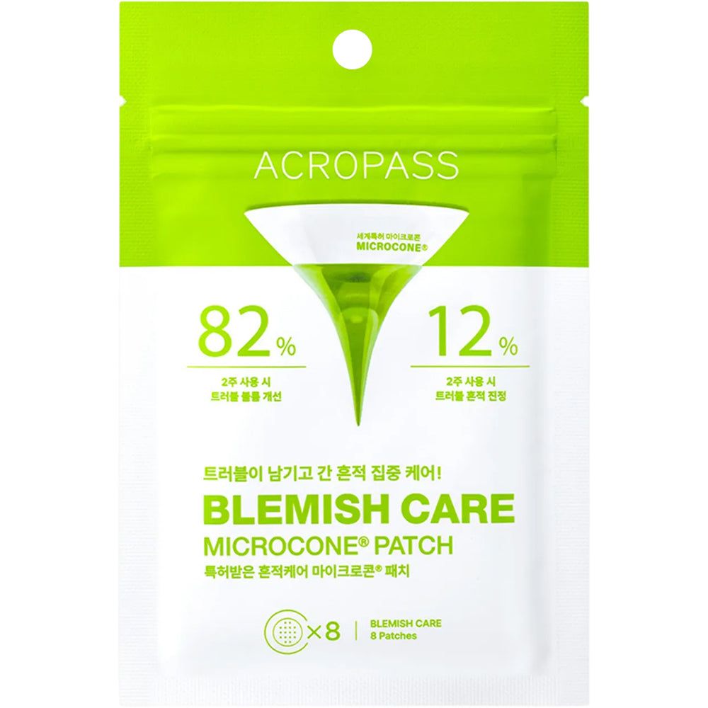 ACROPASS Blemish Care patch verpakking. Groen-witte verpakking met productinformatie. Bevat 8 patches. Tekst: Blemish Care, Microcone Patch.