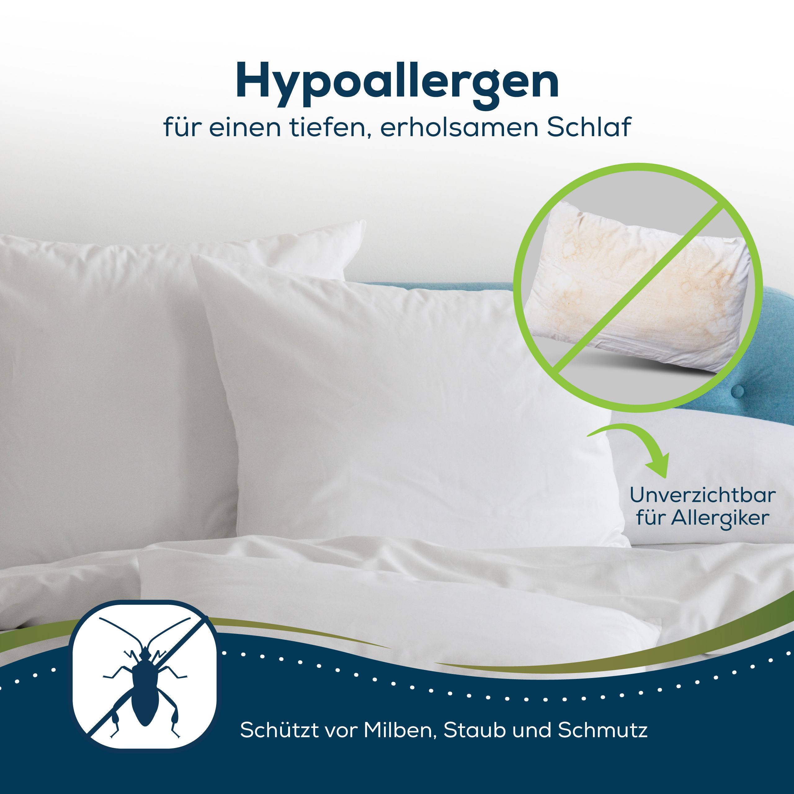 Oreillers blancs sur lit. Texte : Hypoallergénique, indispensable pour les allergiques. Anti-acariens.