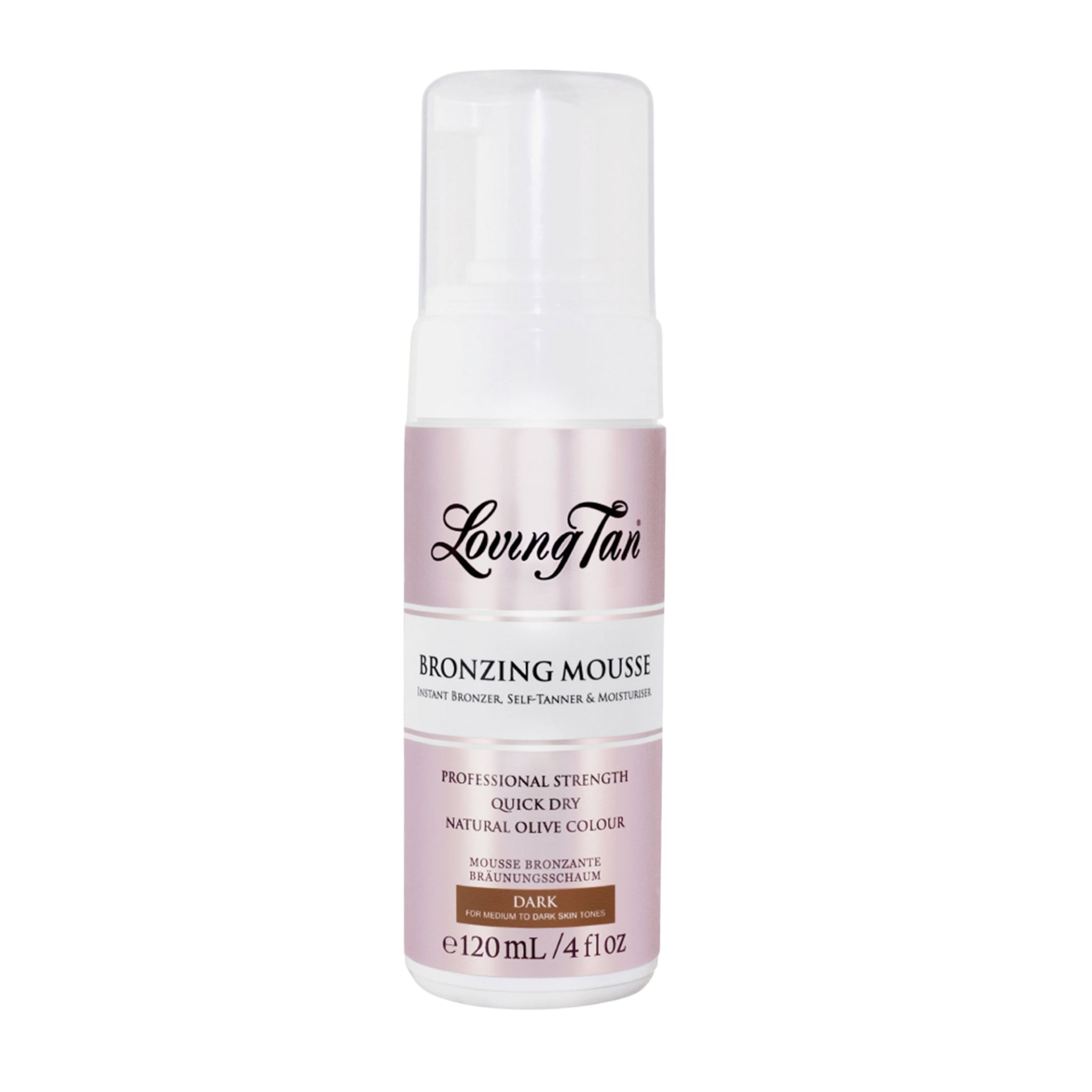 Witte fles met roze etiket. Opschrift: Loving Tan Bronzing Mousse Dark. 120 ml/4 fl oz.