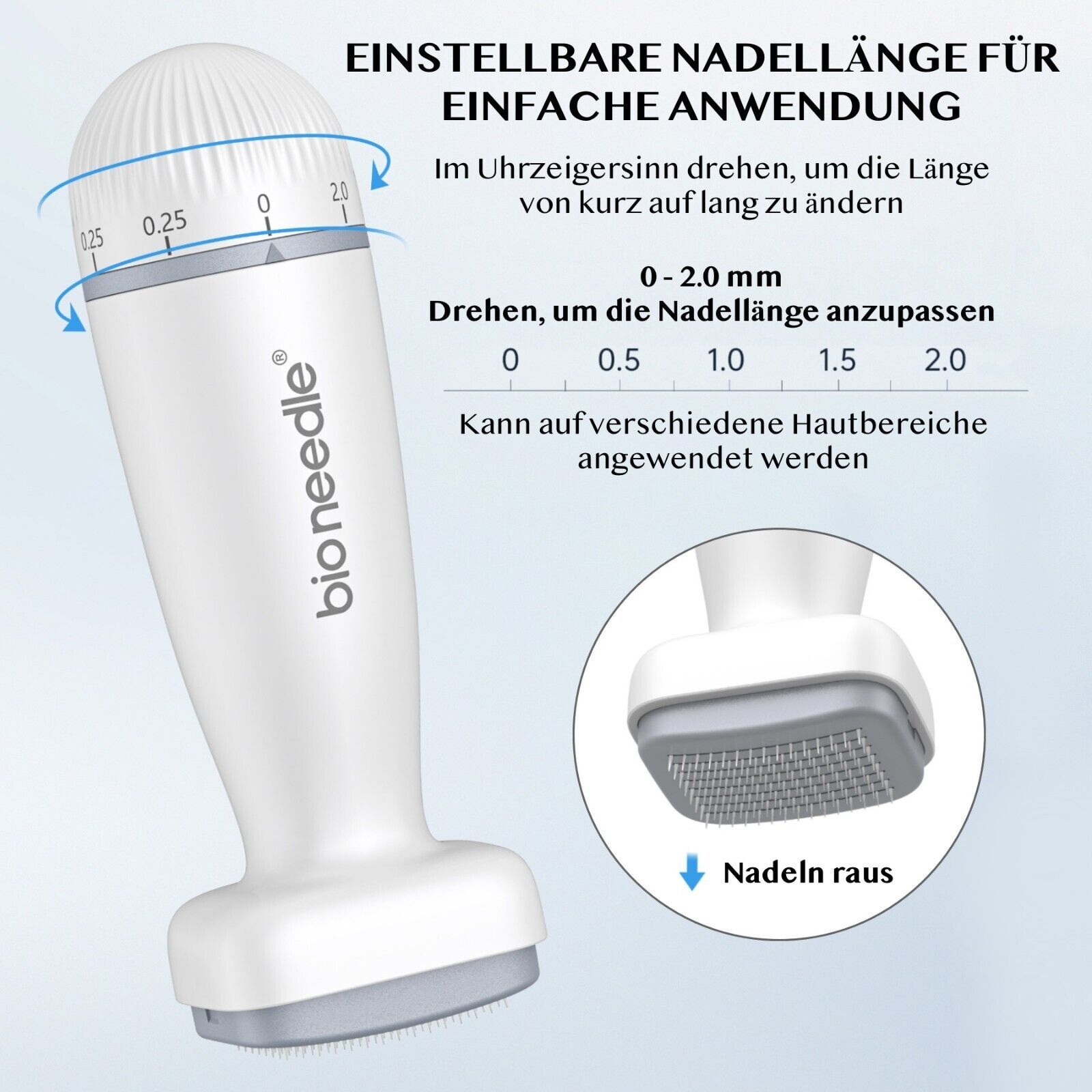 Dermastamp, wit, met verstelbare naaldlengte. Tekst: bio needle. Verstelbare naaldlengte 0-2,0 mm.