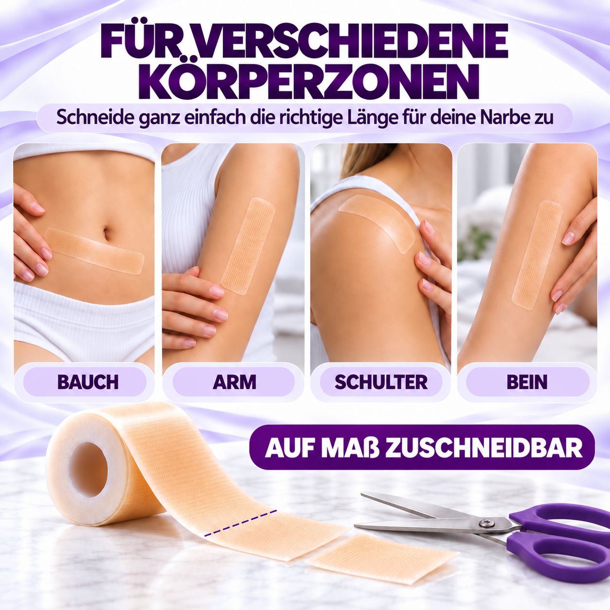 Toepassing van Leiqier linnenpleister op buik, arm, schouder, been. Op maat te knippen.