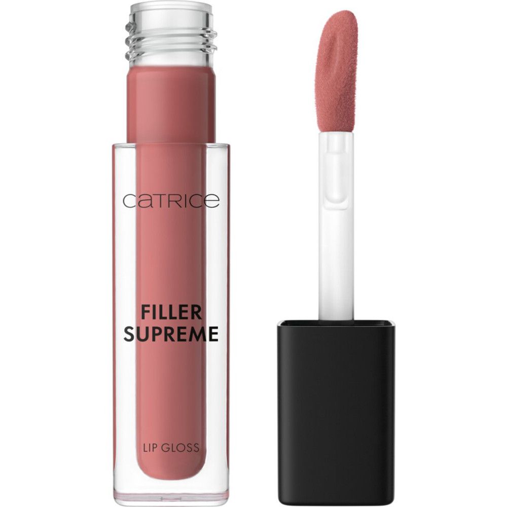 Tube de gloss transparent avec applicateur. Inscription : Catrice, Filler Supreme, Lip Gloss.