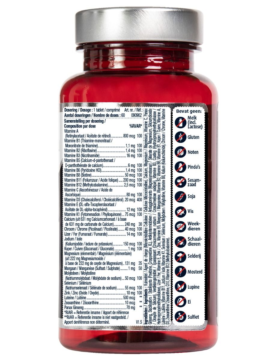 Achterkant rode fles. Ingrediëntenlijst en voedingswaarde. Bevat geen melk, gluten, noten, soja, etc.