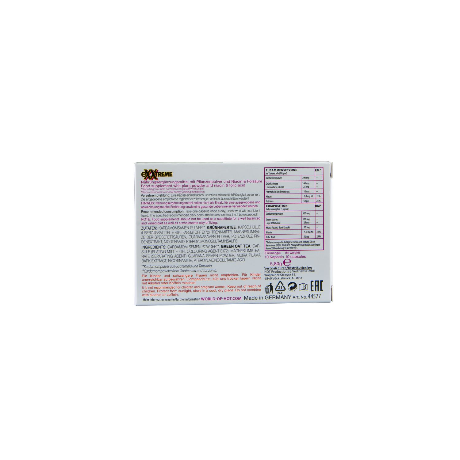 Arrière de la boîte avec ingrédients et informations fabricant.