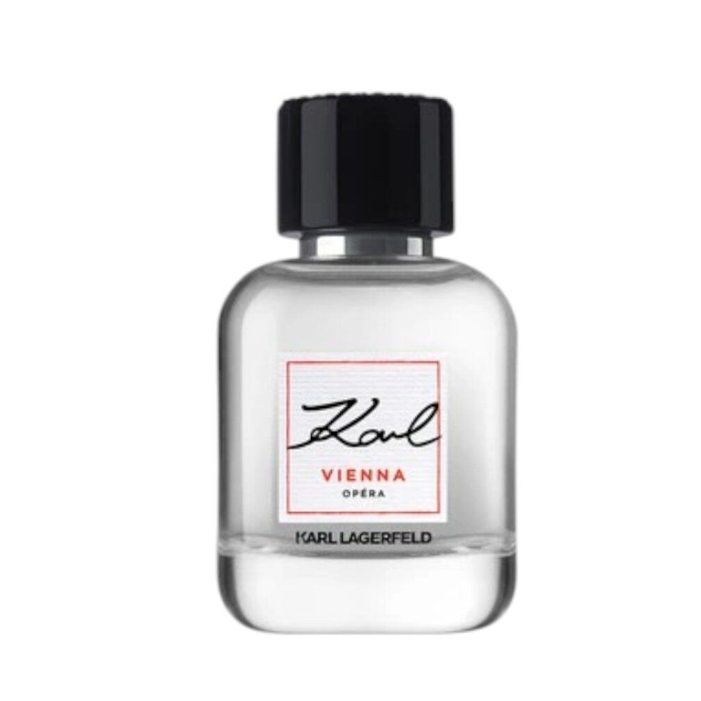 Karl Lagerfeld Vienna Opera Eau de Toilette. Transparante fles met zwarte dop. Rood etiket met tekst.