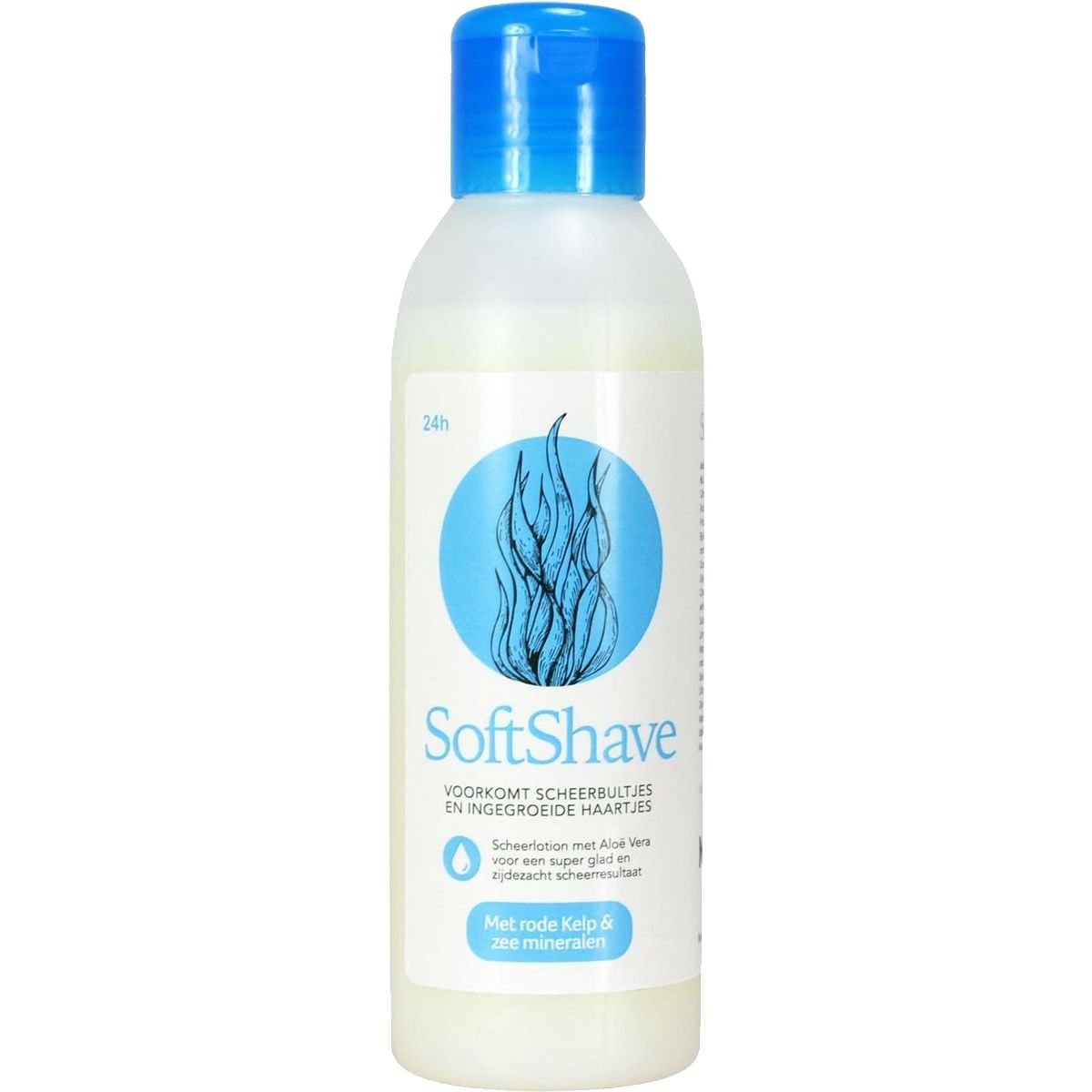 Flacon avec bouchon bleu. Inscription "SoftShave". Contient des fonctions marines et des minéraux. Prévient les boutons de rasage et les poils incarnés.