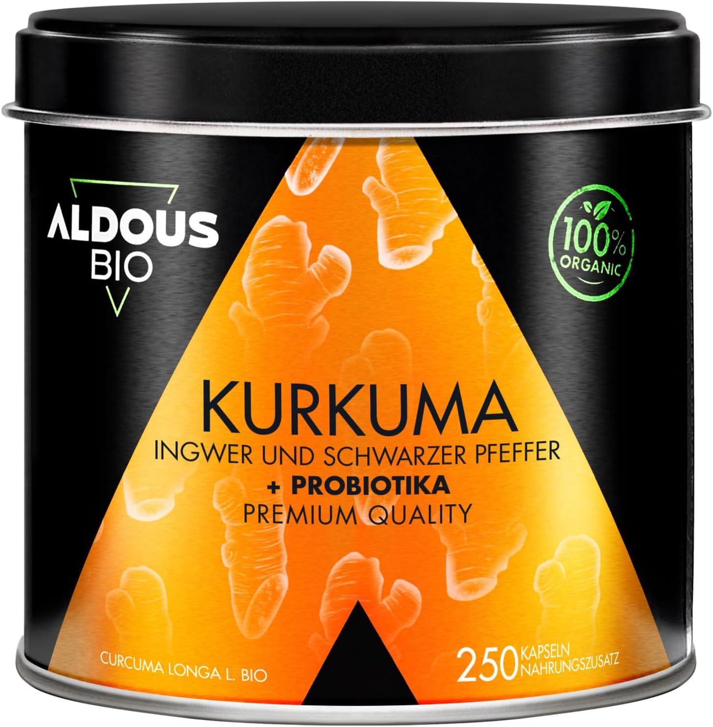 Gélules Aldous Bio Curcuma dans une boîte noire avec illustration de curcuma et sceau bio.