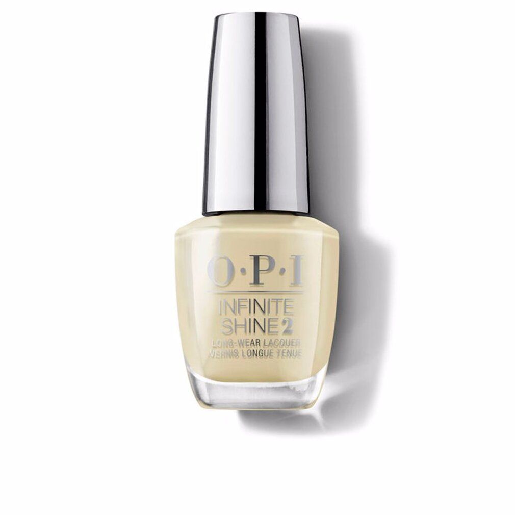 Flacon de vernis à ongles avec bouchon argenté. OPI Infinite Shine 2, couleur jaunâtre.