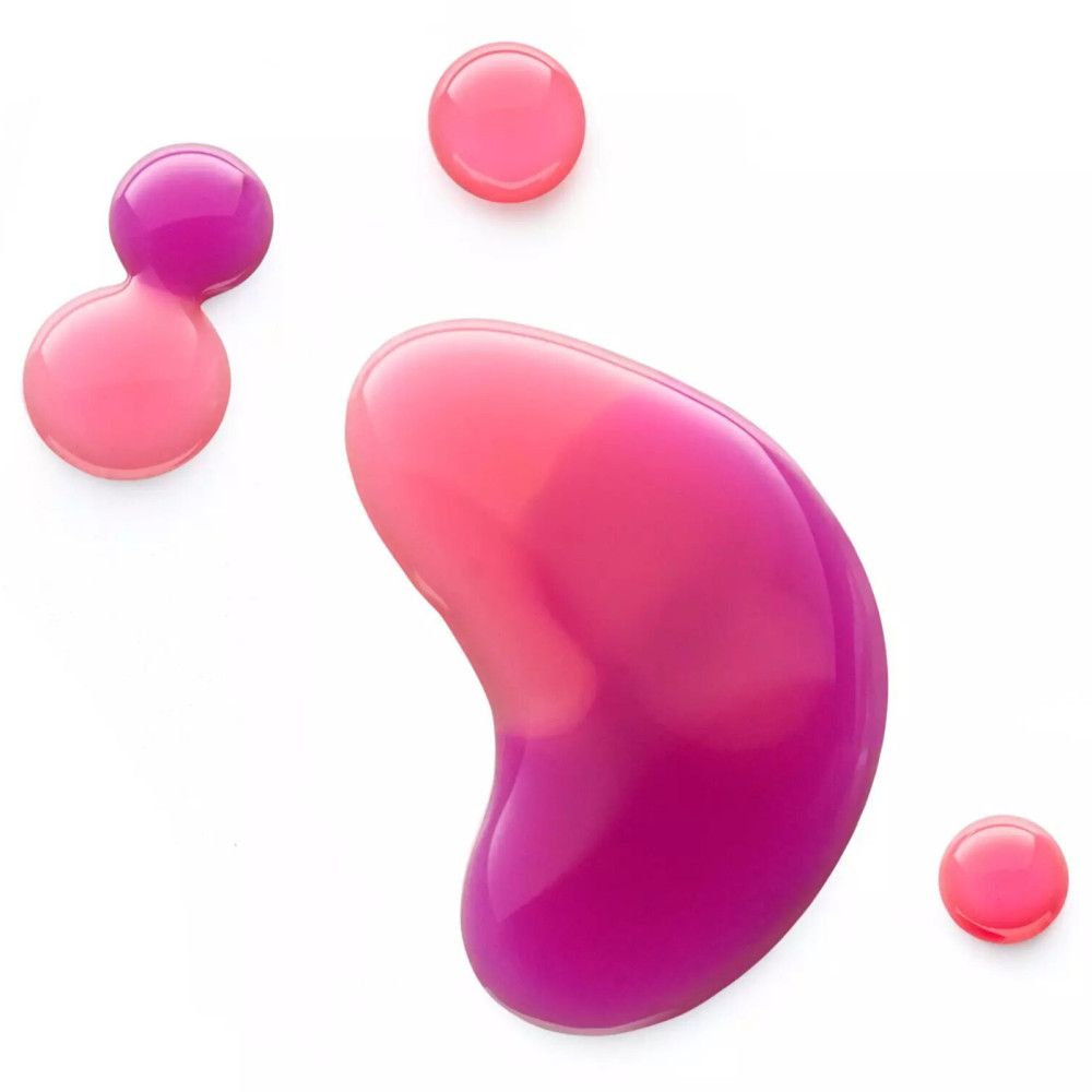 Close-up van roze en paarse lipolie-druppels op witte achtergrond. Verschillende vormen en maten.