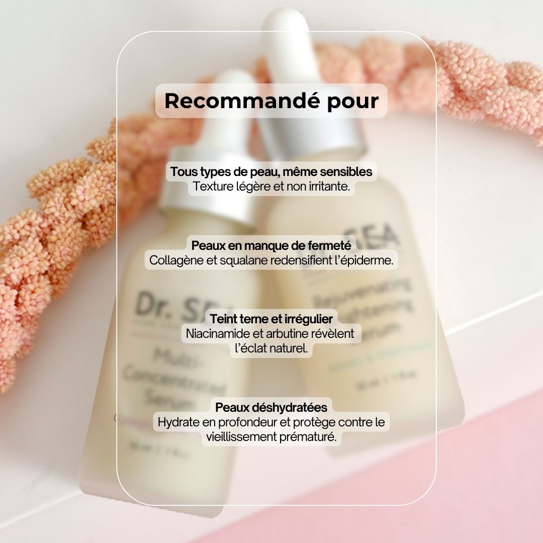Flacon de sérum avec texte. Inscription : Dr. SEA, Multi-Concentrated Serum, Collagen & Squalane. 30 ml | 1 fl.oz. Texte sur les avantages.