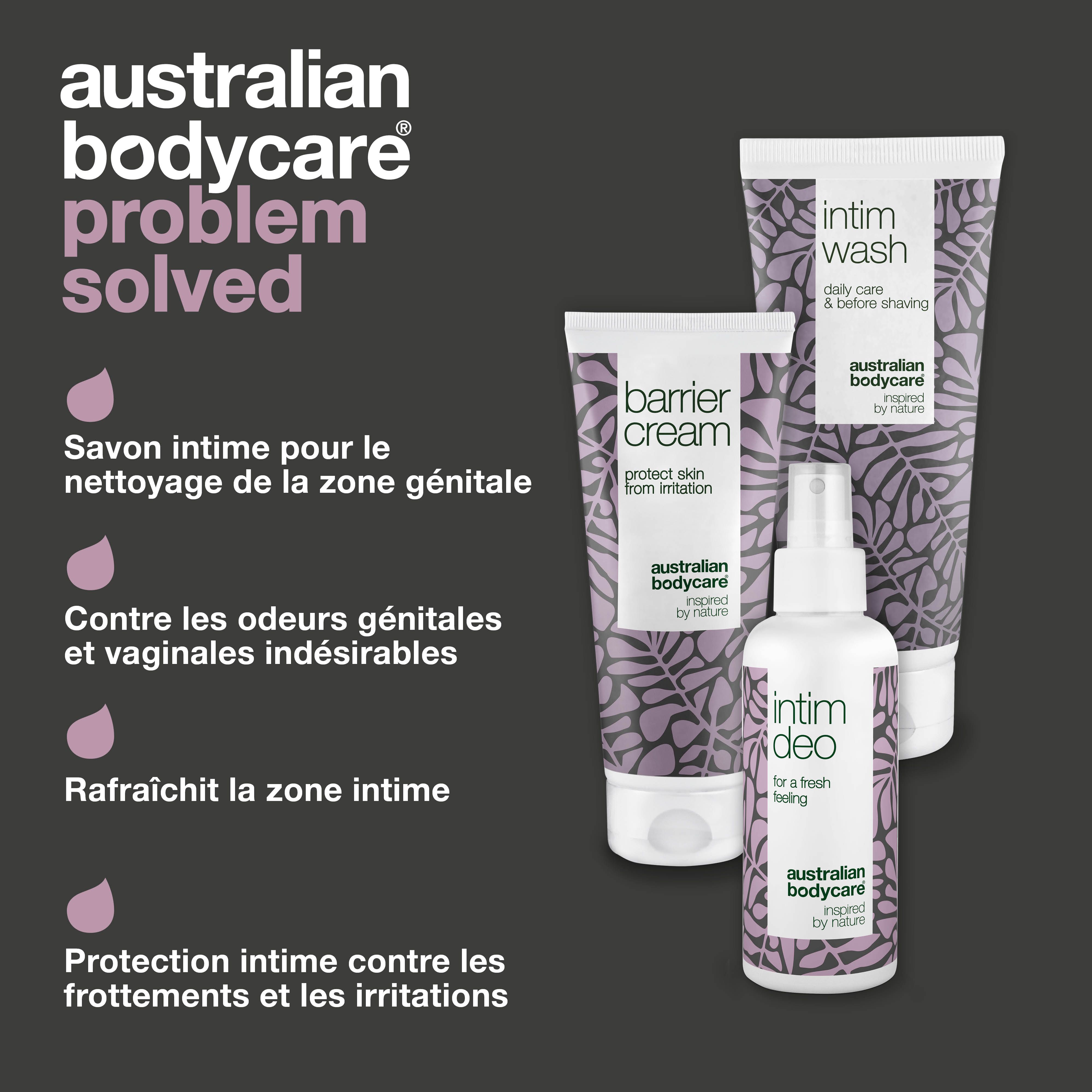 Graphique problème/solution. Problème : incontinence, odeur, rougeur, peau irritée. Solution : produits Australian Bodycare.
