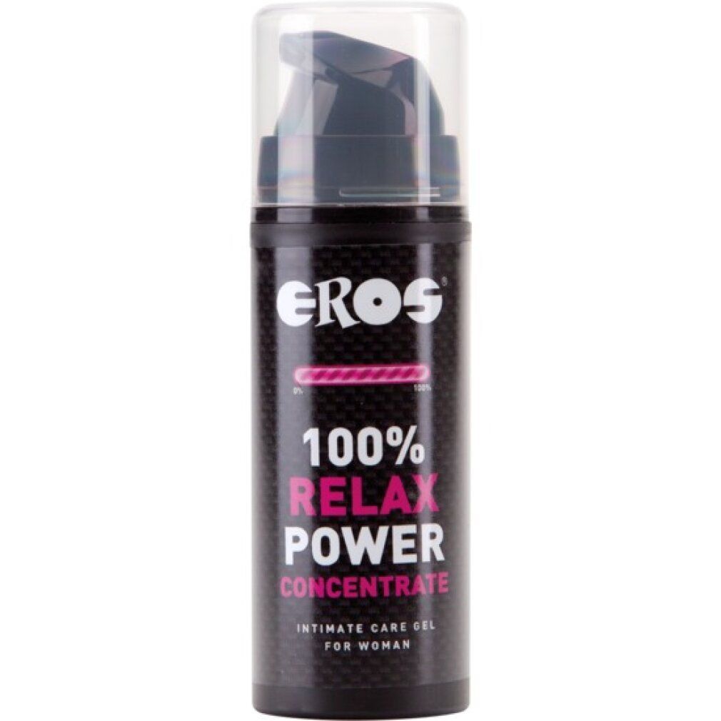 Concentré Eros Relax Power : flacon pompe, étiquette noire avec inscription rose.