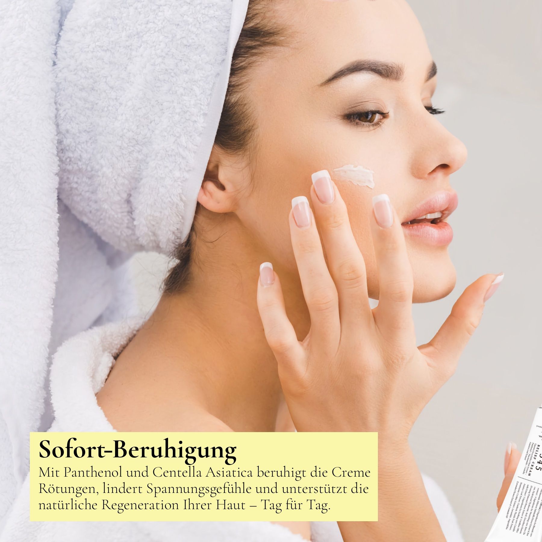 Vrouw brengt crème aan op gezicht. Tekst: Kalmeert roodheid, verzacht trekkerigheid. Dr. Althea 345 Relief Cream.