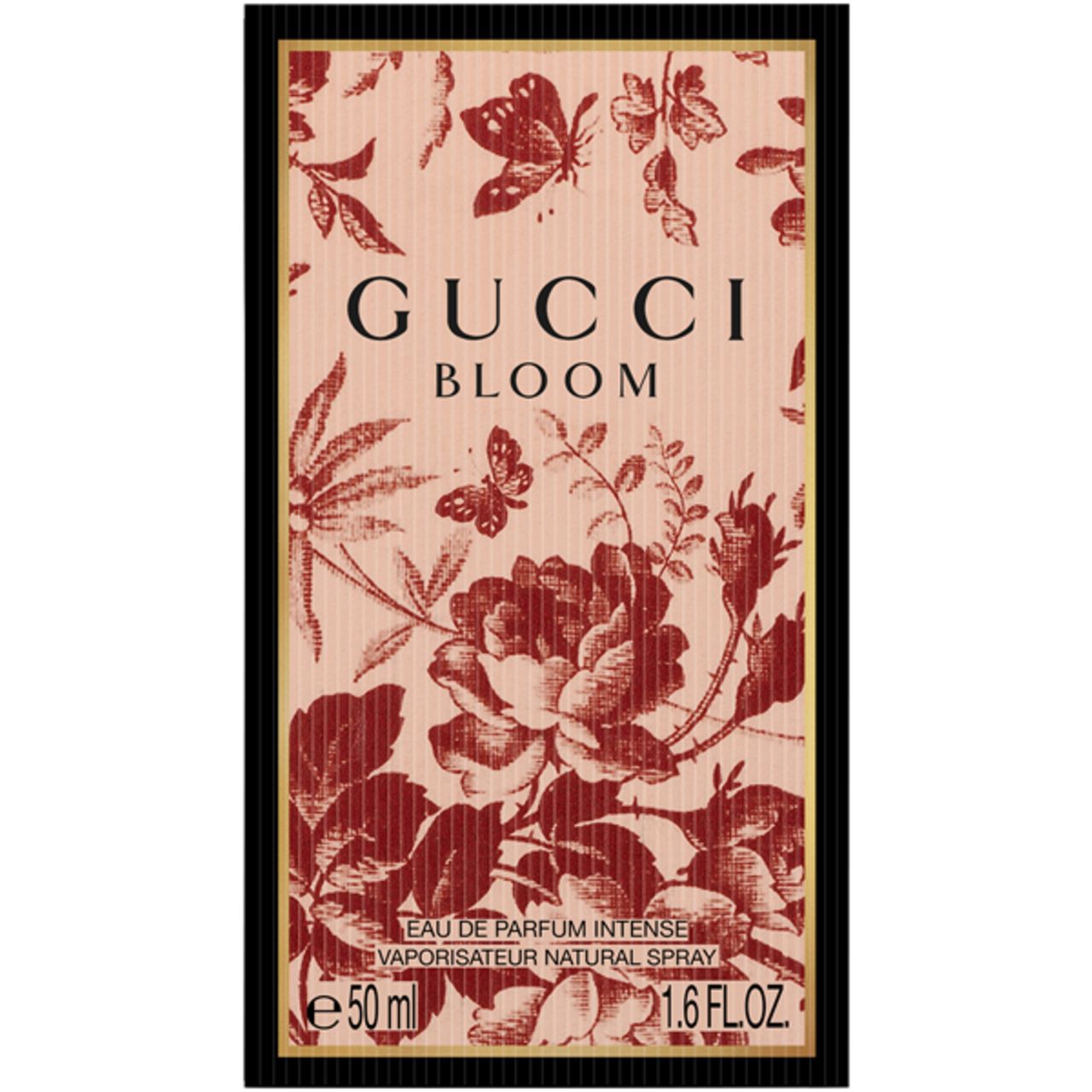 Verpakking met bloemenpatroon en opschrift Gucci Bloom. Tekst: Eau de Parfum Intense, 50 ml, 1.6 FL.OZ.
