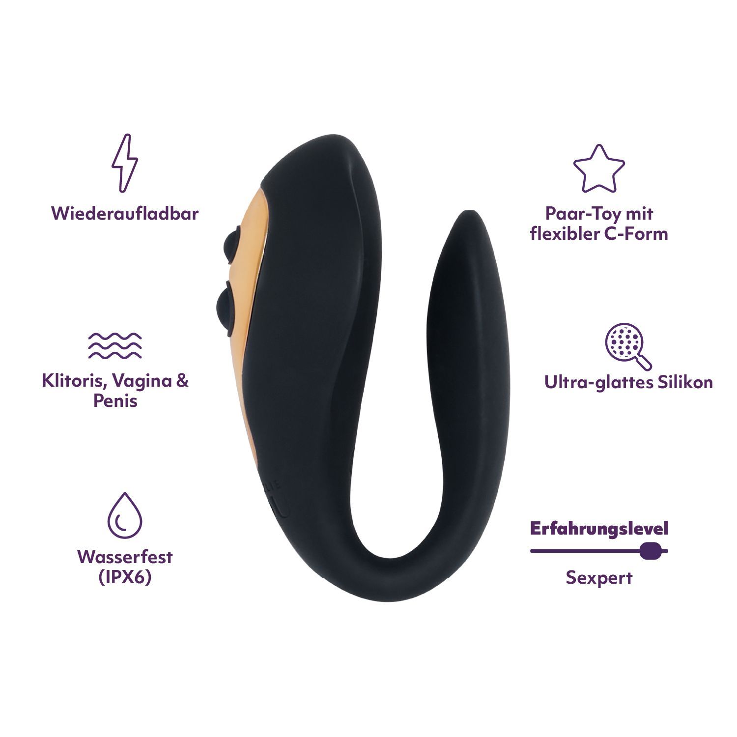 Afbeelding met pictogrammen en tekst. Zwarte C-vormige vibrator met gouden accenten.