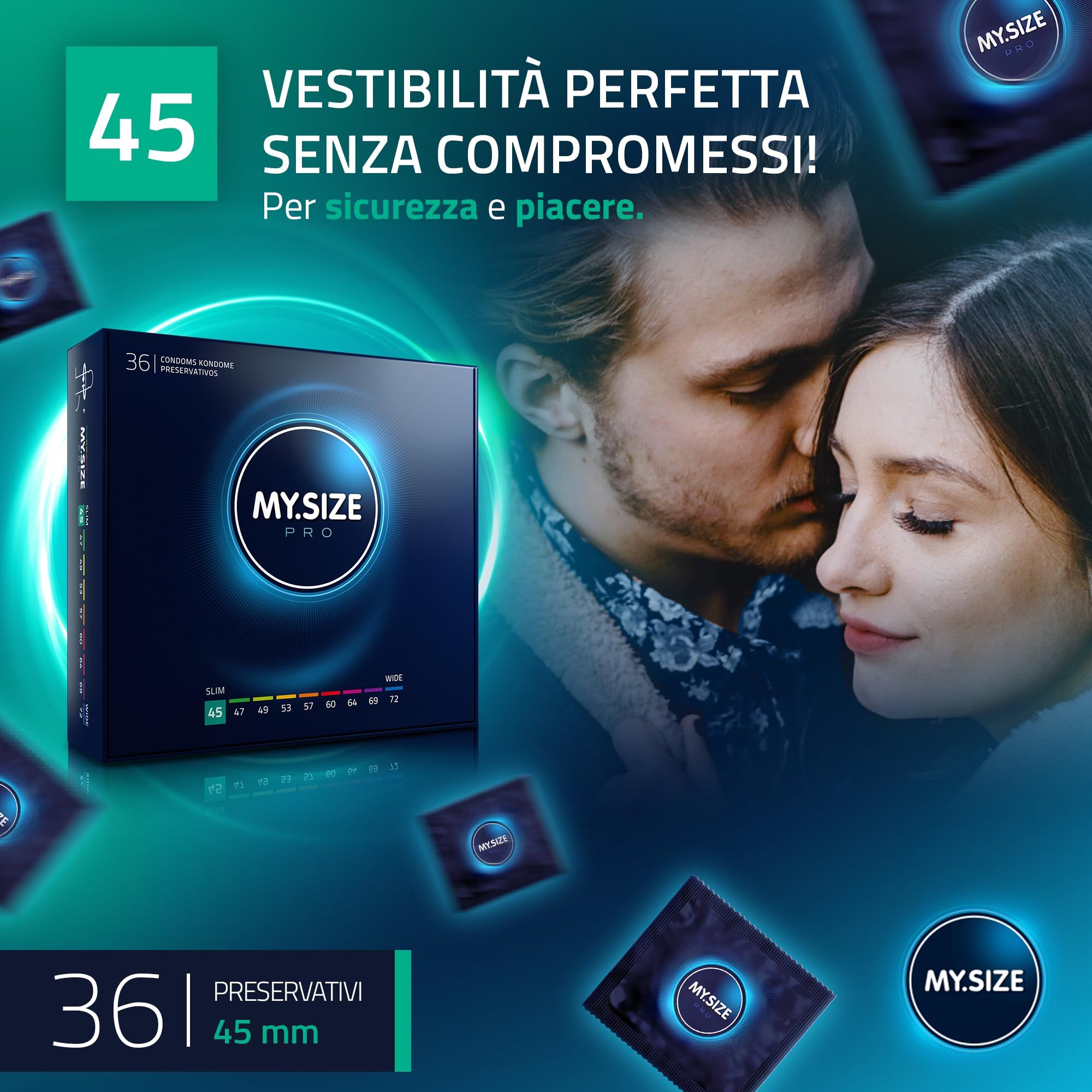 Préservatifs MY.SIZE PRO 45mm : couple s'enlaçant, boîte et préservatifs individuels visibles. "Ajustement parfait sans compromis."