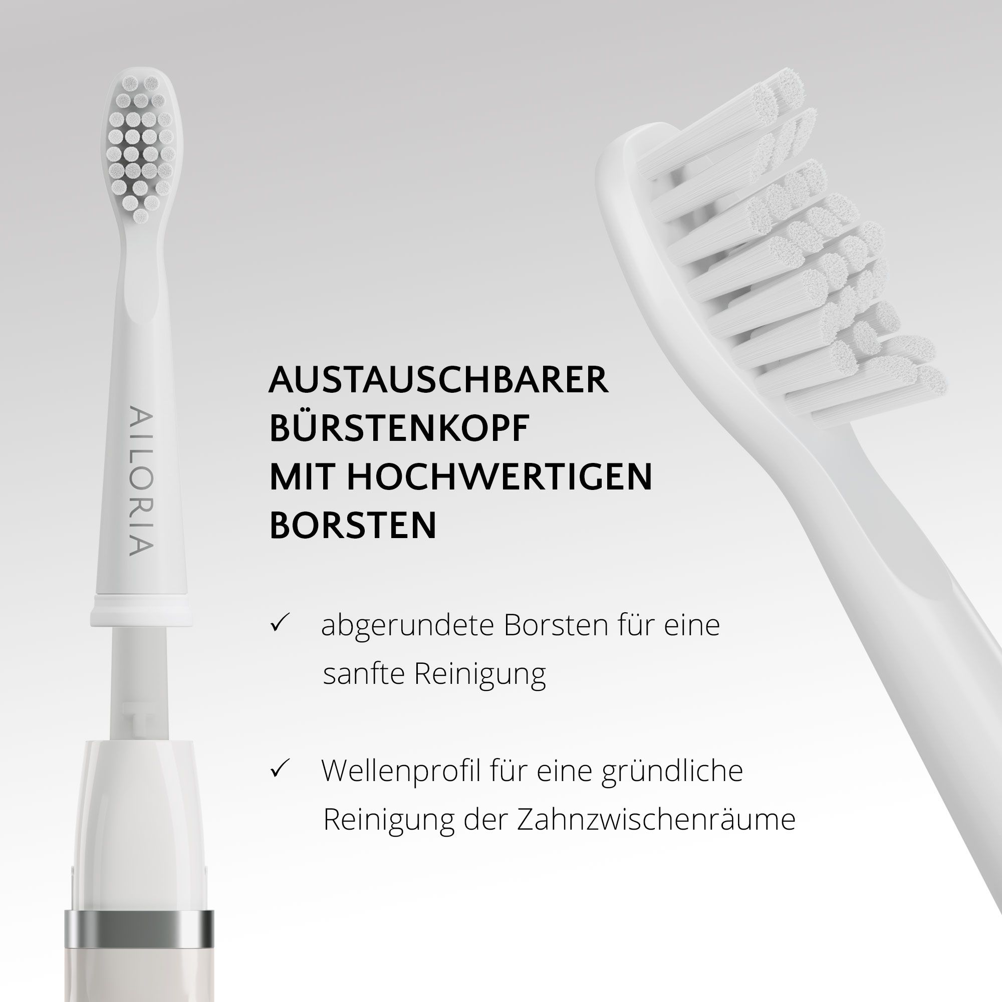 Tête de brosse remplaçable avec poils arrondis et profil ondulé pour les espaces interdentaires.