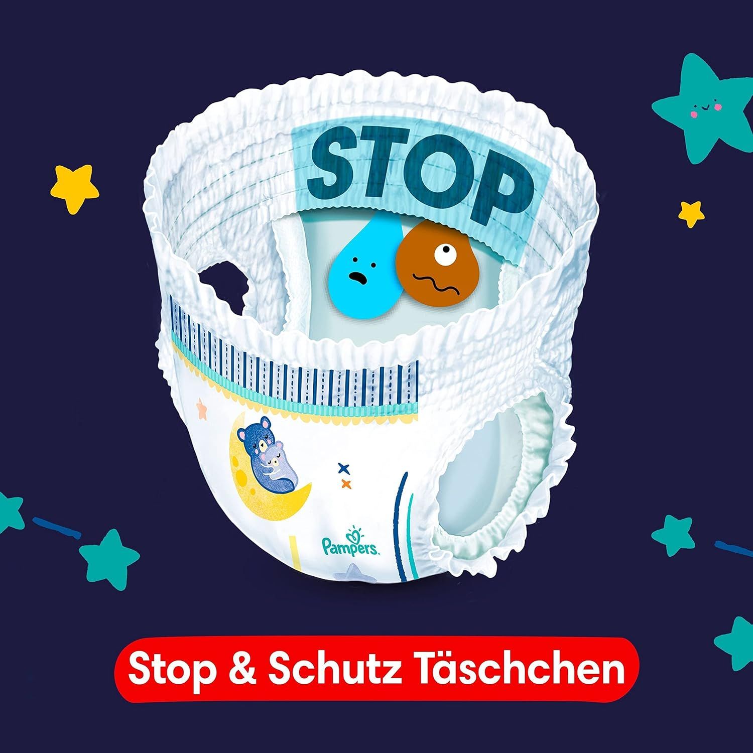 Pampers Night Pants avec inscription 'STOP'. Illustration de larmes. Texte: Stop & Schutz Täschchen.