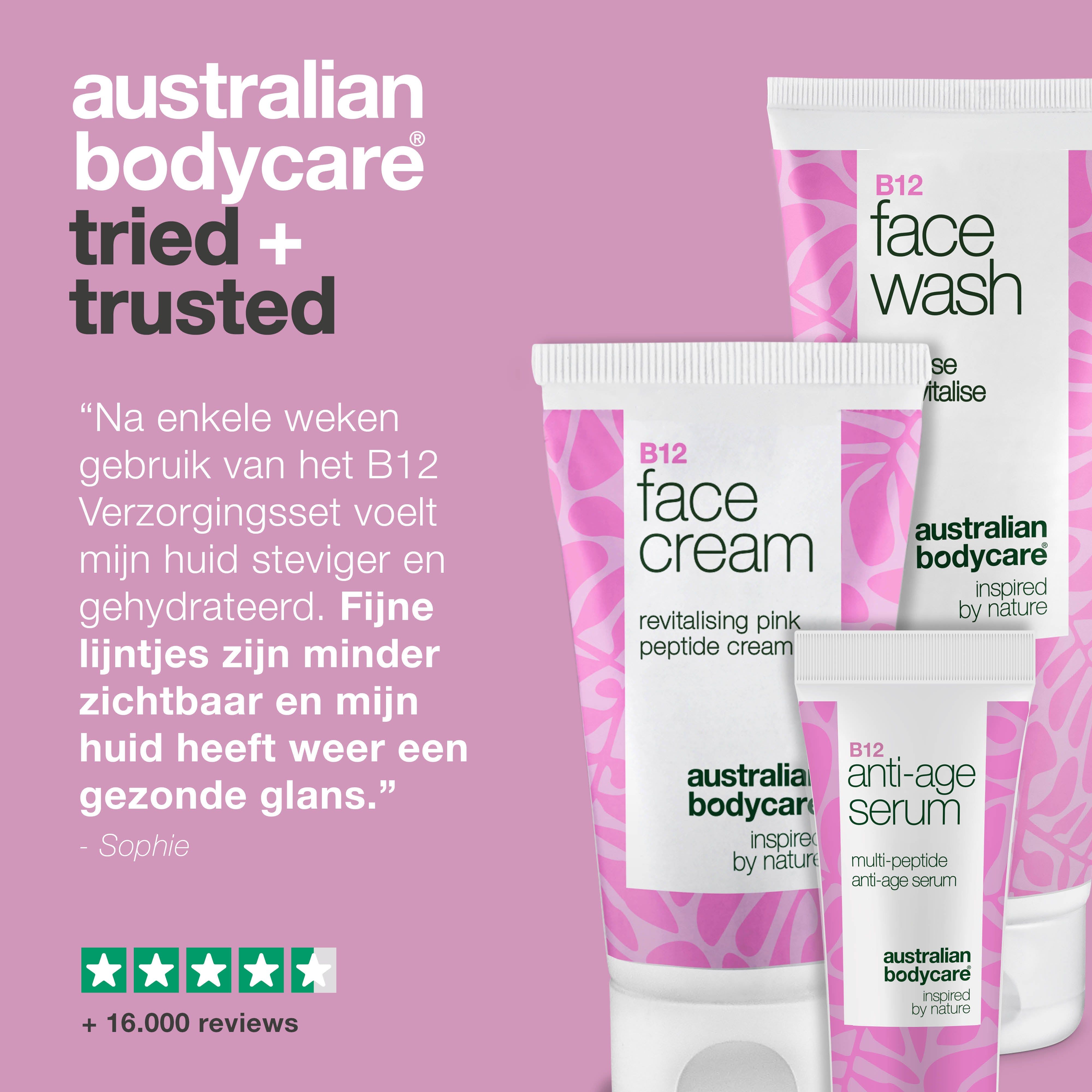 Drie tubes: Face Wash, Face Cream en Anti-Age Serum. Tekst: getuigenis, 5 sterren, +16.000 beoordelingen.