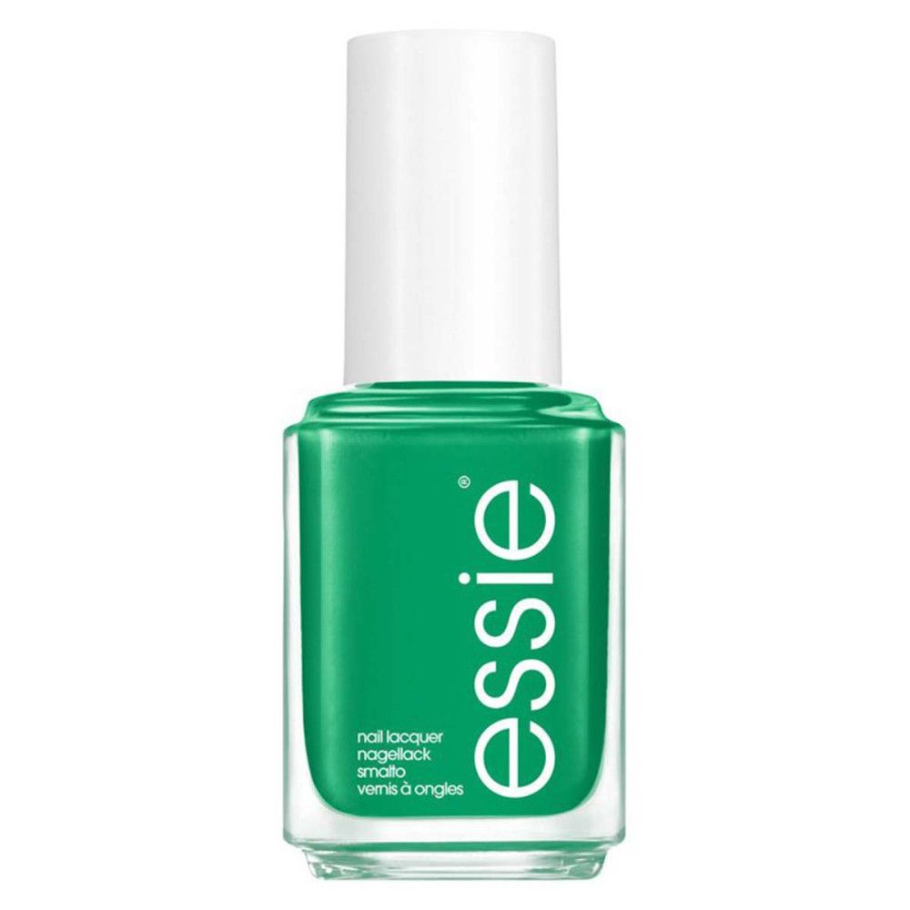 Nagellakfles met witte dop. Groene lak. Opschrift 'essie'. Tekst: 'nail lacquer', 'nagellack', 'smalto', 'vernis à ongles'.