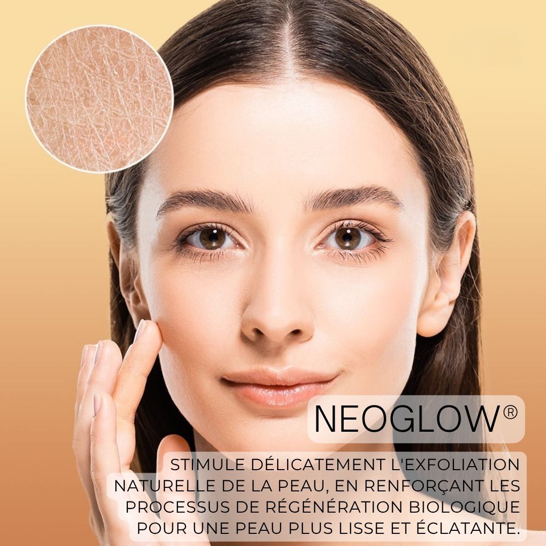 Femme touchant son visage. Texte : NEOGLOW. Texte sur l'effet sur la peau.