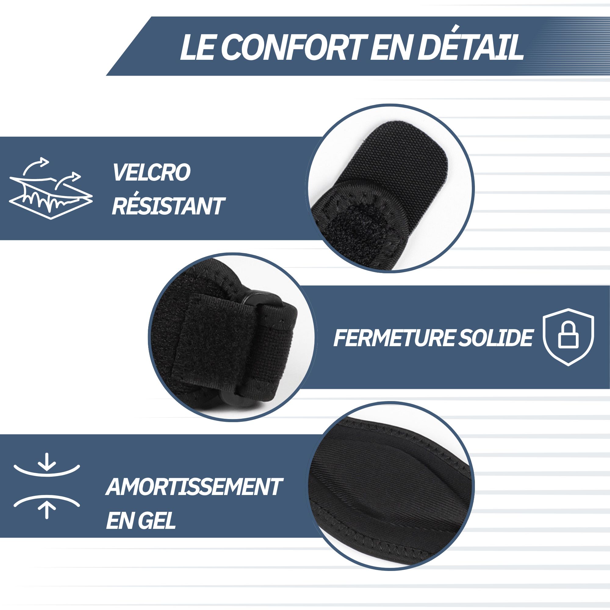 Détails d'un manchon de coude : velcro résistant, fermeture solide et amortissement en gel.