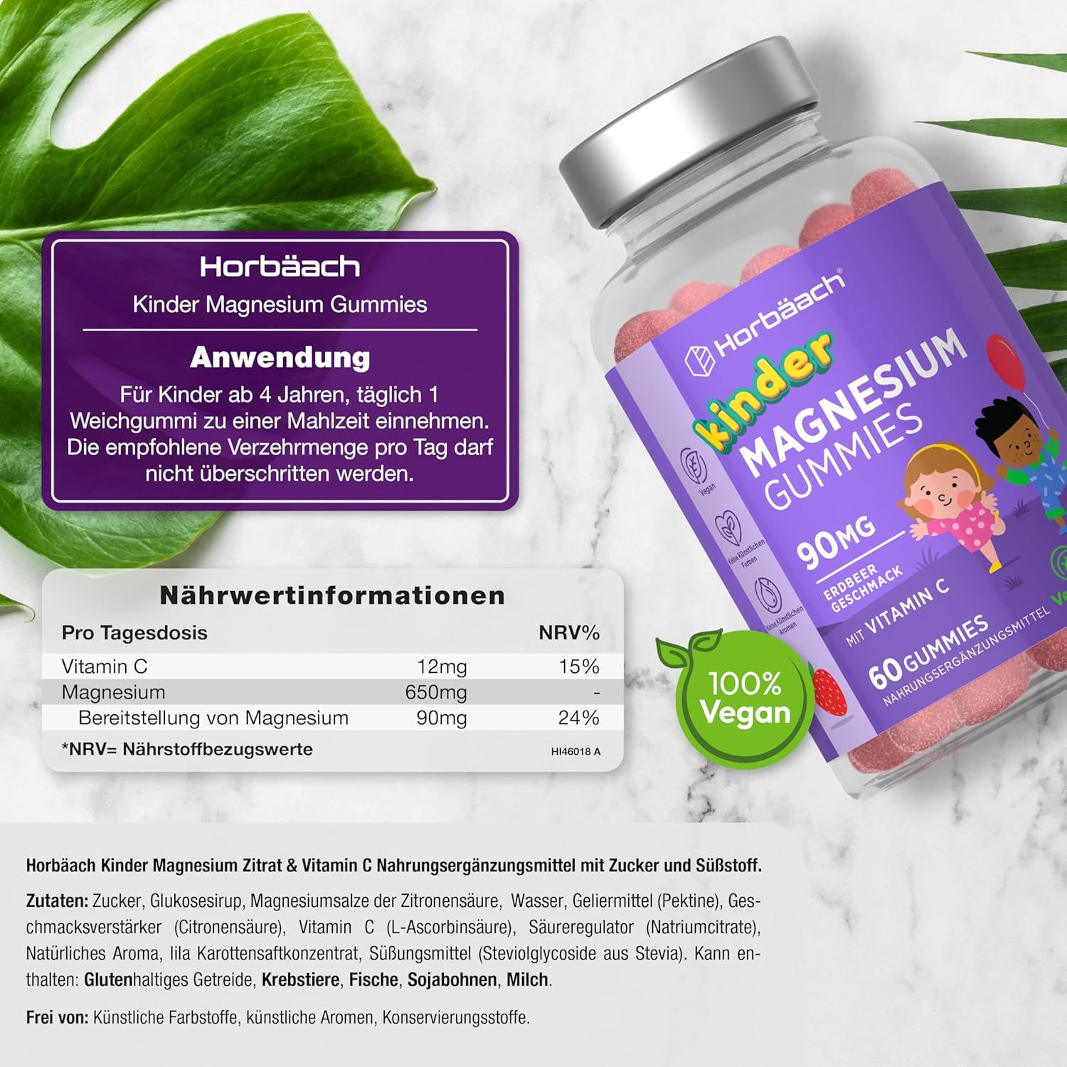 Horbaach Kinder Magnesium Gummibärchen met vitamine C. Fles met 60 gummies. Aardbei smaak. Vegan. Voedingswaarde-informatie.