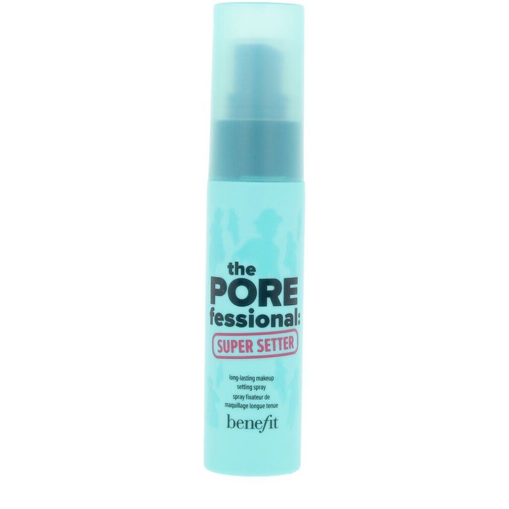 Turquoise sprayfles met zwarte pomp. Opschrift: The Porefessional Super Setter. Merk: benefit.