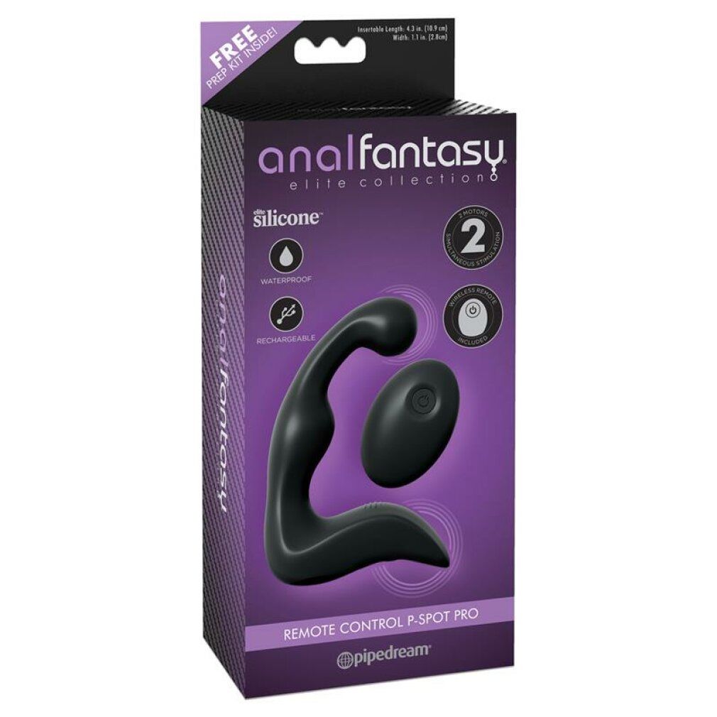Verpakking met wellnessproduct en afstandsbediening. Opschrift: analfantasy elite collection, silicone, oplaadbaar.
