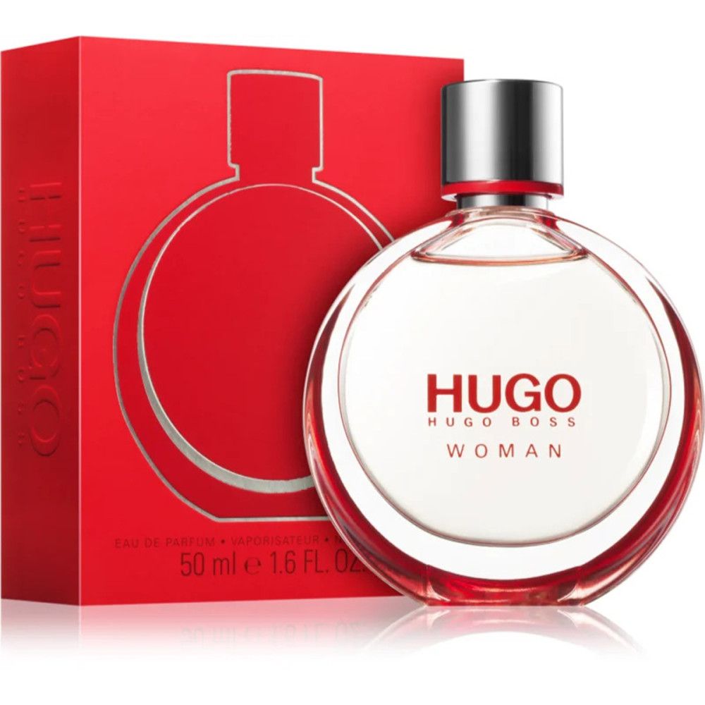 Ronde fles en rode doos. Opschrift HUGO BOSS WOMAN. Fles met zilveren dop. 50 ml.