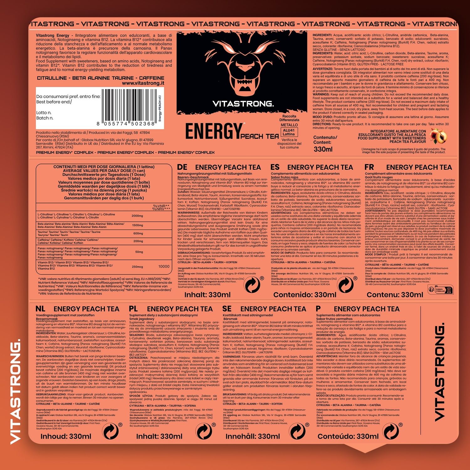Dos de la canette. Texte : Energy Peach Tea. Ingrédients, informations nutritionnelles, avertissements. Multilingue.