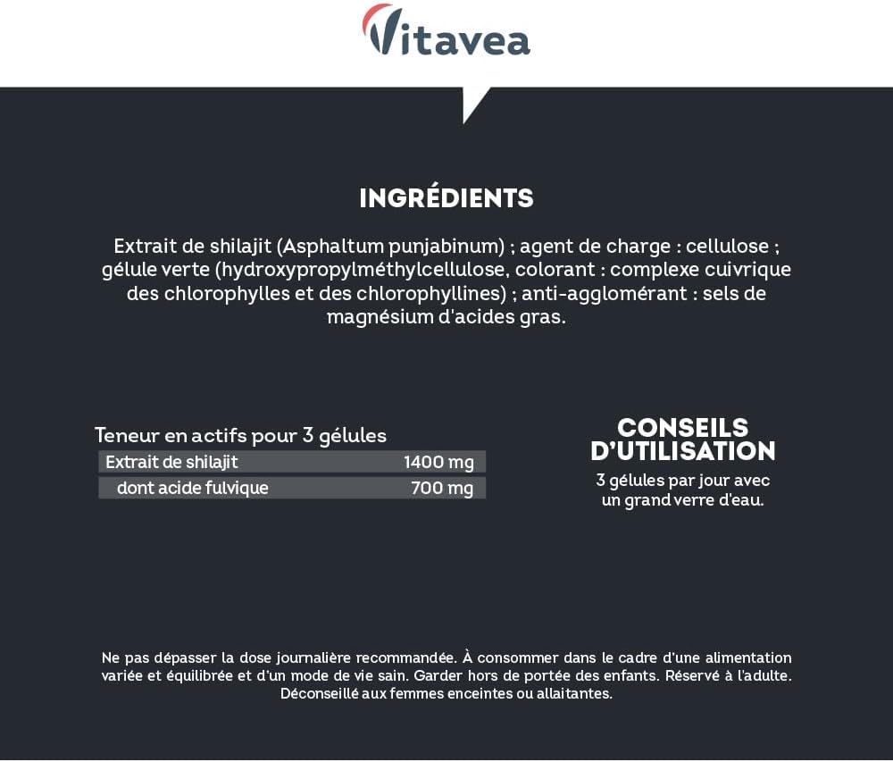 Gélules Vitavea Shilajit : Ingrédients, actifs, conseils d'utilisation. Extrait, acide fulvique, 3 gélules/jour.