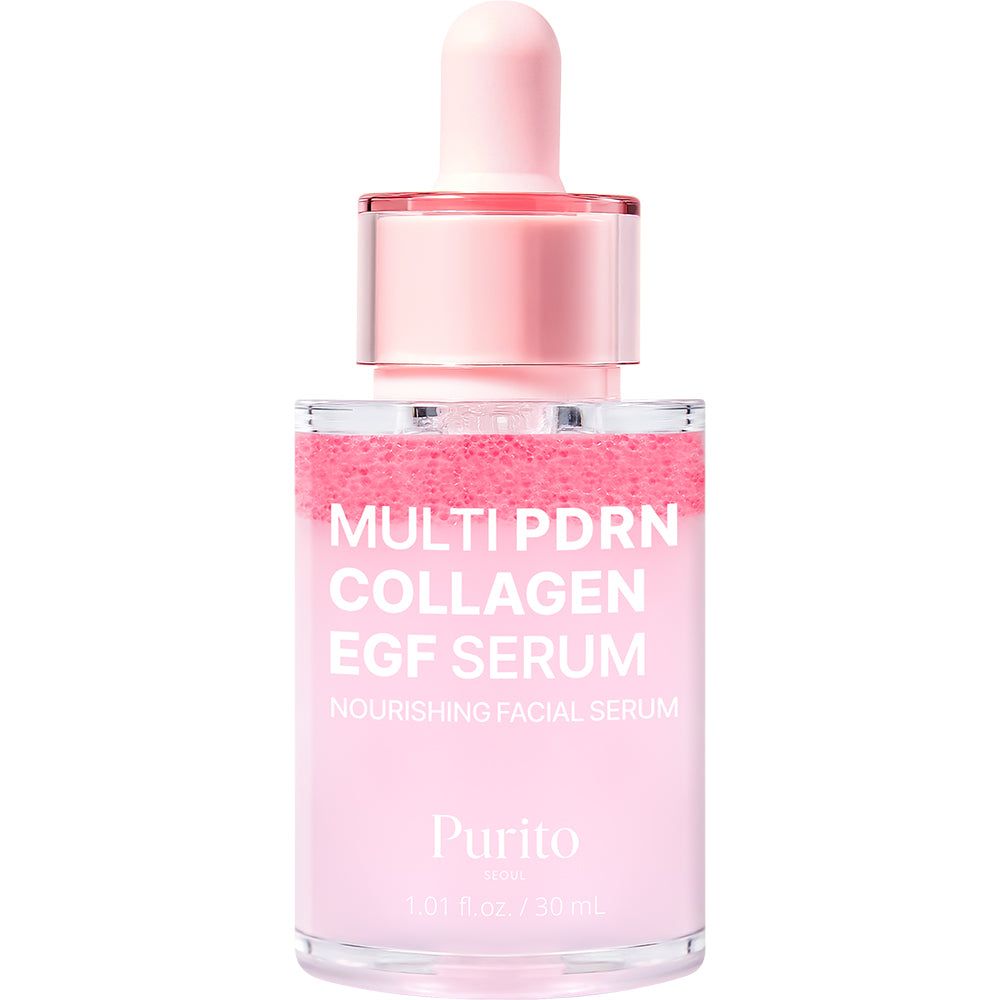PURITO Multi PDRN Collageen EGF Serum in glazen fles met druppelaar. Roze en wit etiket.