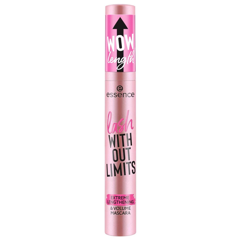 Tube de mascara rose. Inscription : lash WITH OUT LIMITS, EXTREME LENGTHENING & VOLUME MASCARA. Marque : essence.