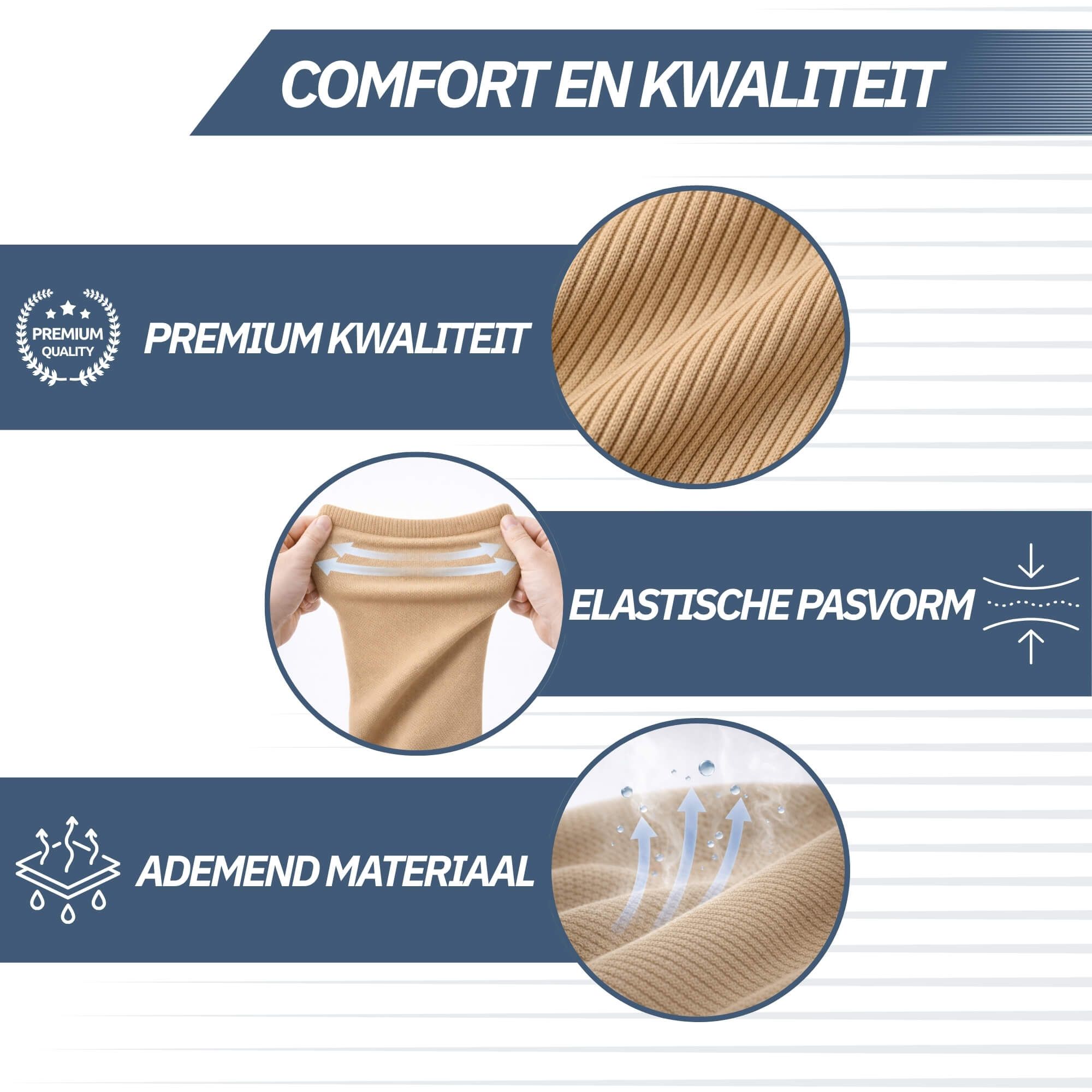 Beige compressiekousen: premium kwaliteit, elastisch, ademend materiaal.