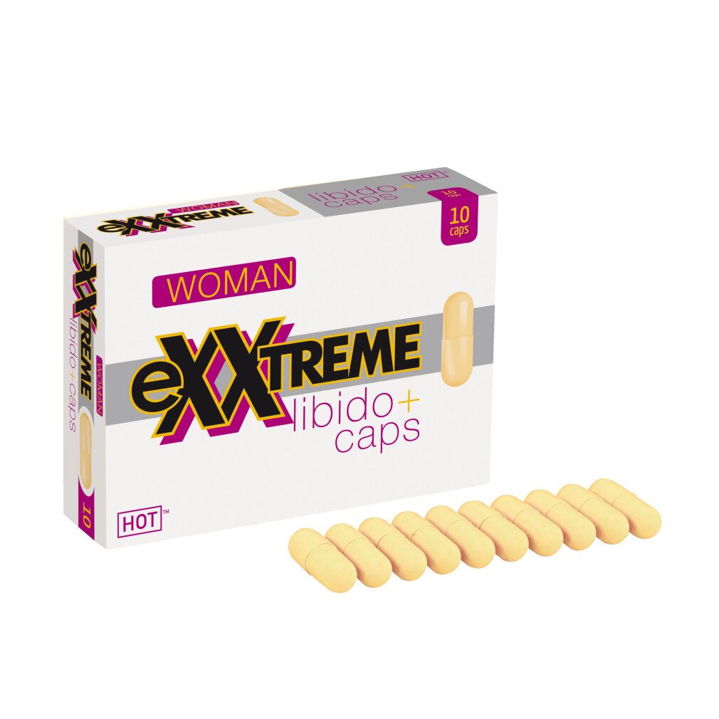 Boîte et 10 capsules eXXtreme Libido+ pour femmes, vue de près.