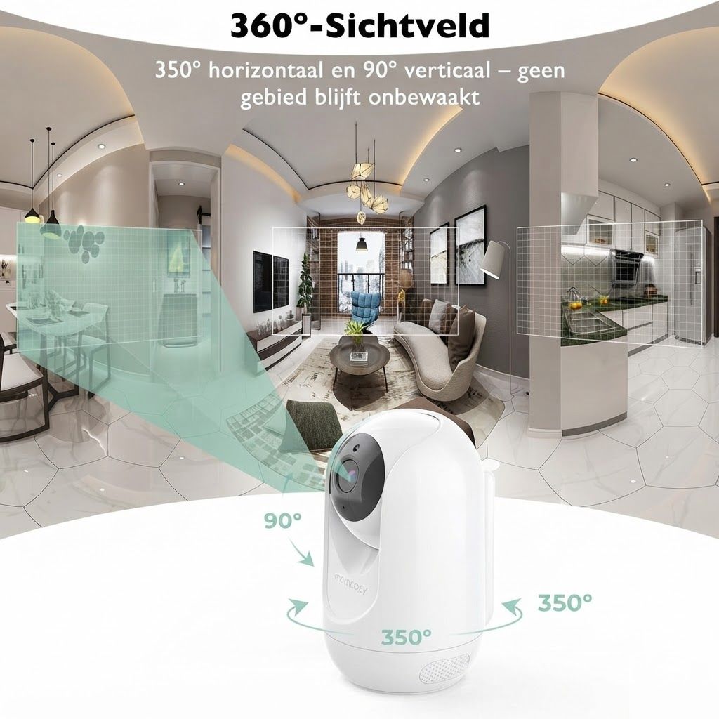 Witte beveiligingscamera met 350° horizontale en 90° verticale kijkhoek. Toont een woonkamer en keuken.
