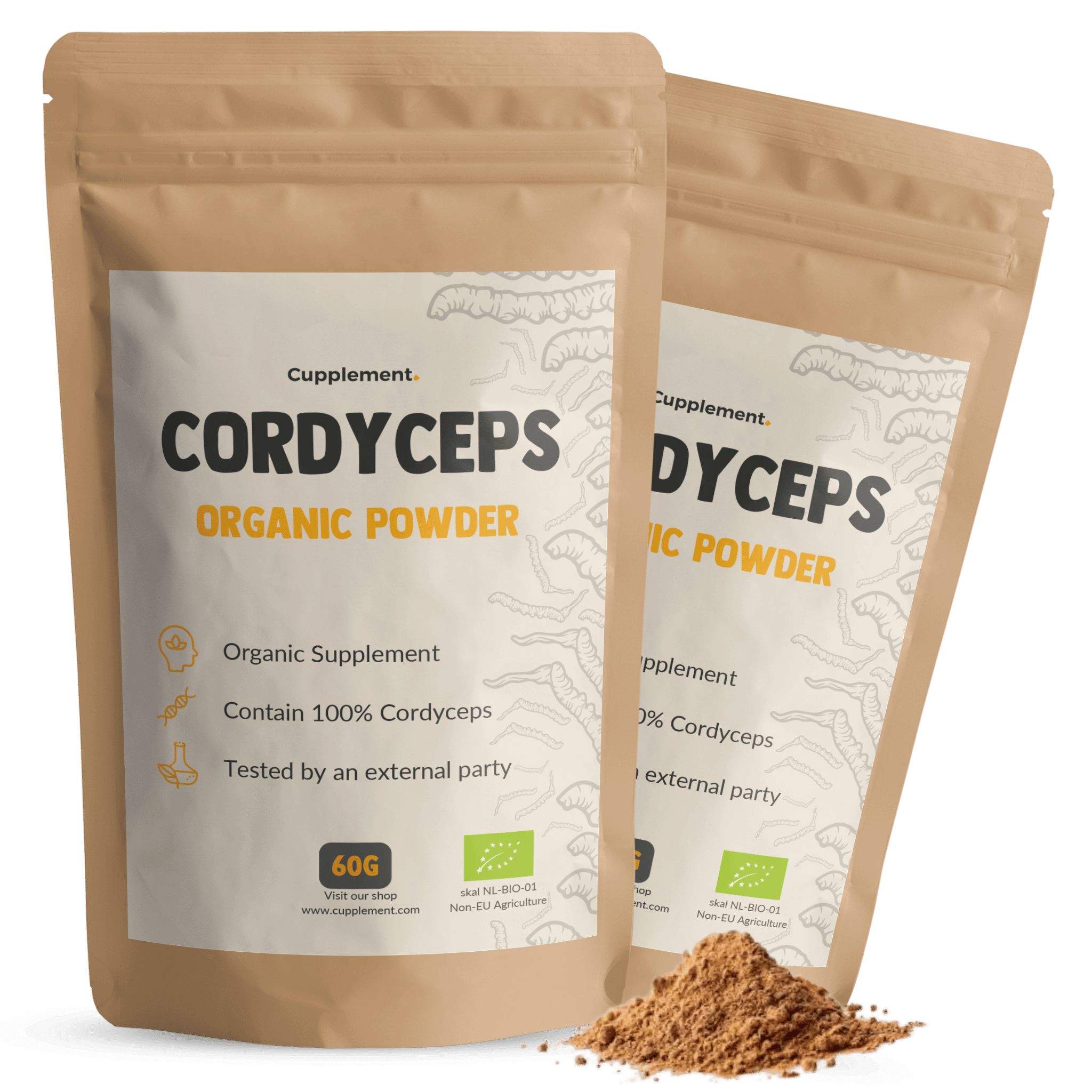 Deux sachets de poudre de Cordyceps. Inscription : Cupplement, Cordyceps, Organic Powder. 60g. Label bio.