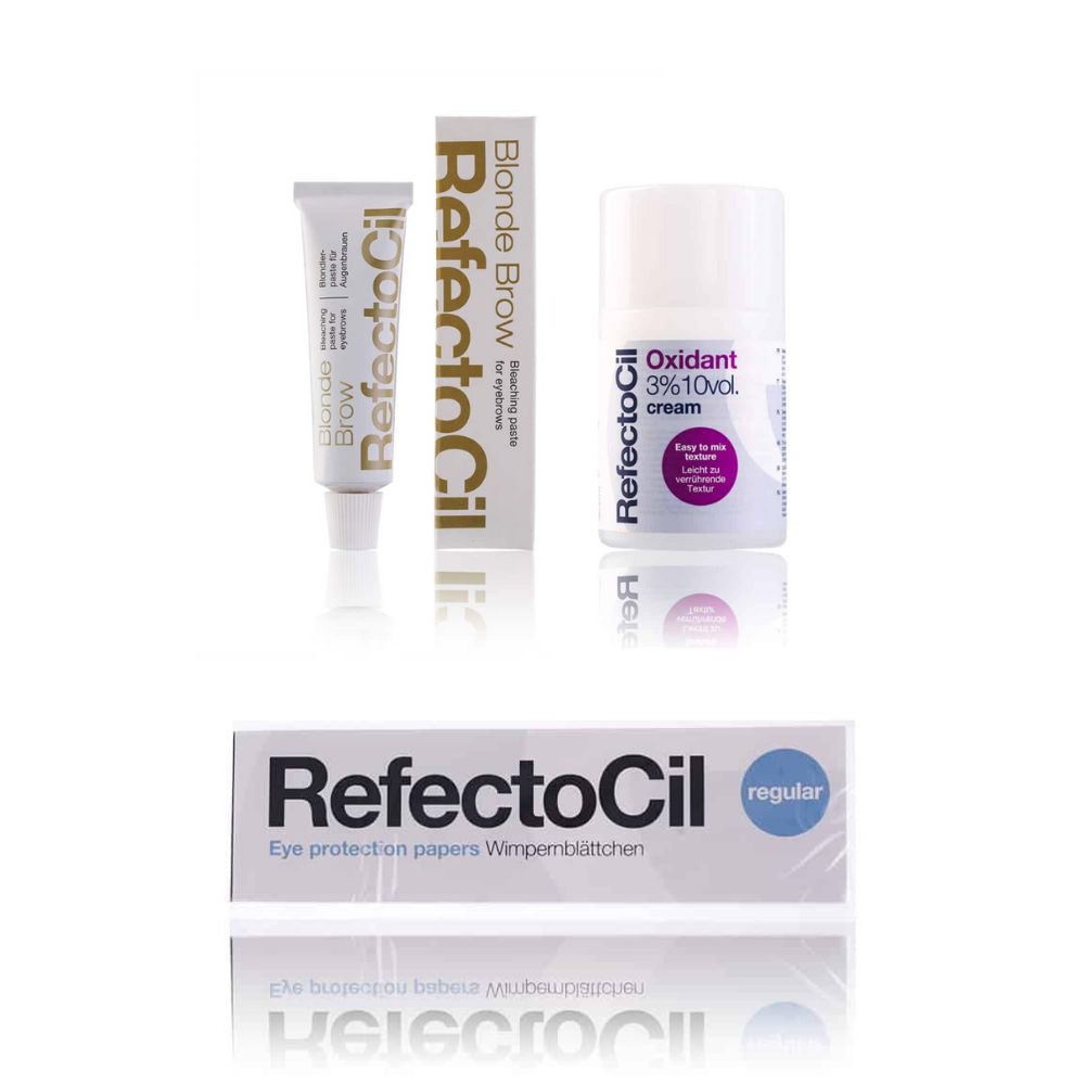 Drie cosmetische producten: tube, verpakking, fles. Opschriften: RefectoCil, Blonde Brow, Oxidant 3% 10vol cream. Onder: oogbeschermingspapier.