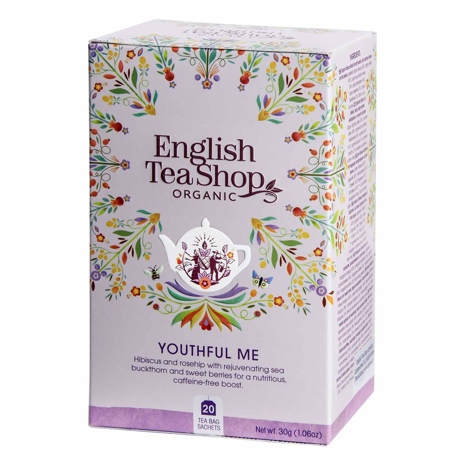 Doosje ETS - Youthful Me thee. Opschrift: English Tea Shop Organic, 20 zakjes, hibiscus, rozenbottel, duindoorn, bessen. Paars, bloemen.