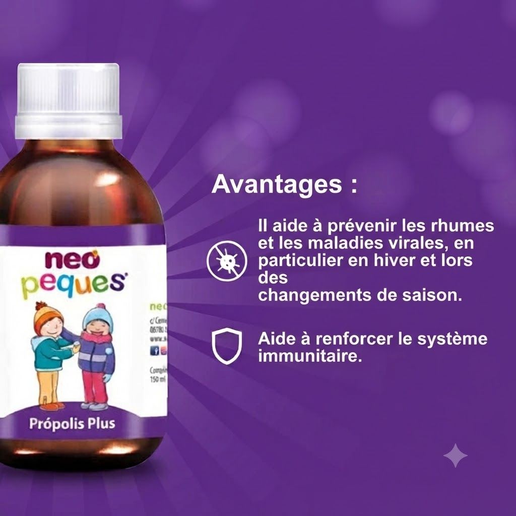 Flacon en verre brun avec bouchon blanc, étiquette montrant des enfants et 'neo peques Própolis Plus'.