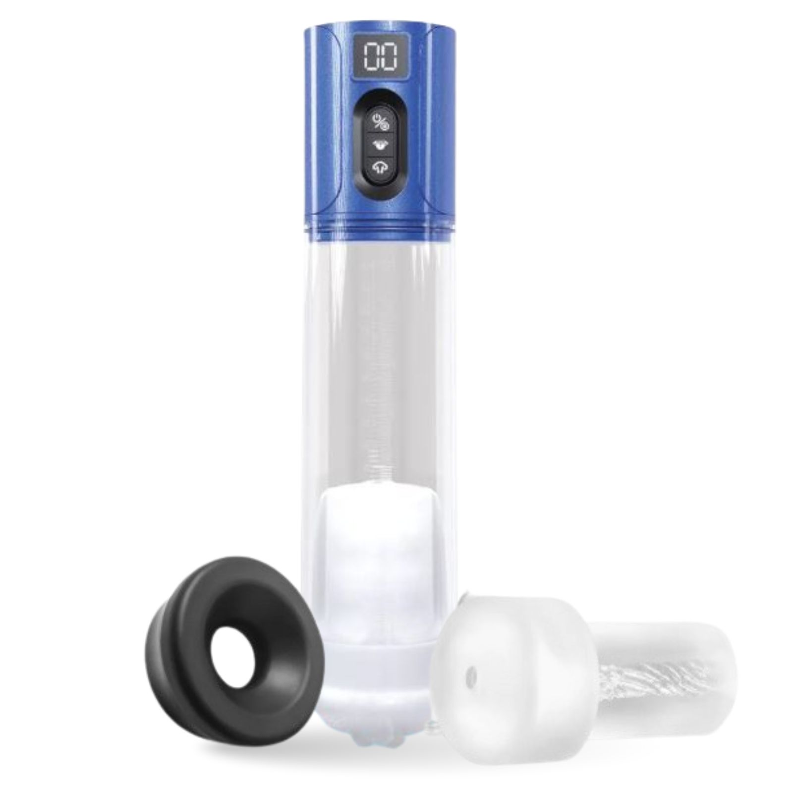 Elektronische penis pomp met accessoires. Transparante behuizing, blauwe bediening, zwarte en witte manchetten.