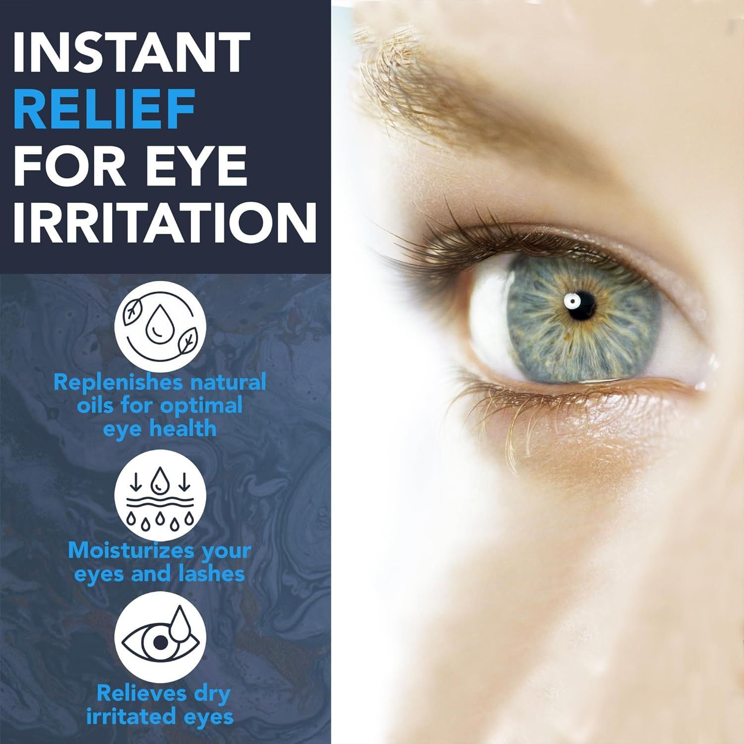 Blauw oog. Tekst: Directe verlichting voor oogirritatie. Illustraties: oliën, hydratatie, droge ogen.