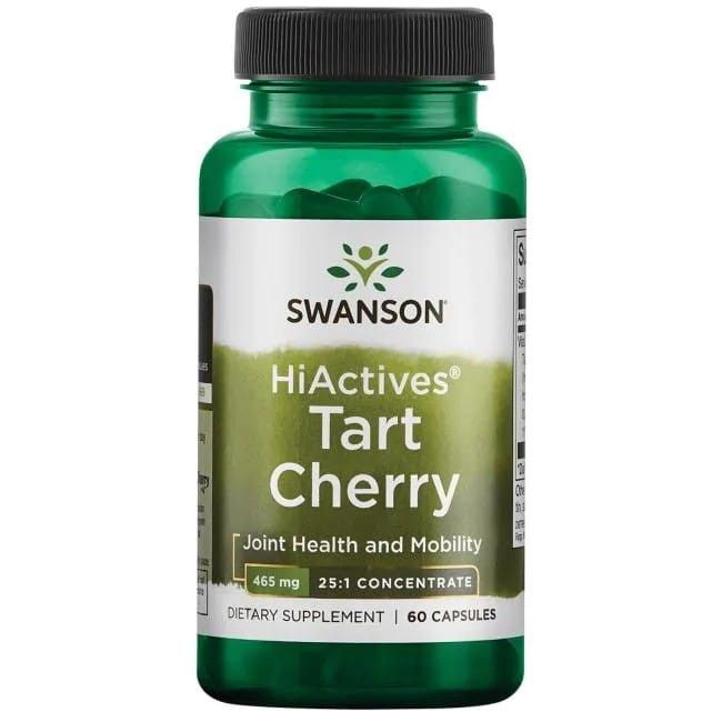 Groene fles met zwarte dop. Opschrift: SWANSON HiActives Tart Cherry, 465 mg, 60 capsules. Voor gewrichtsgezondheid en mobiliteit.