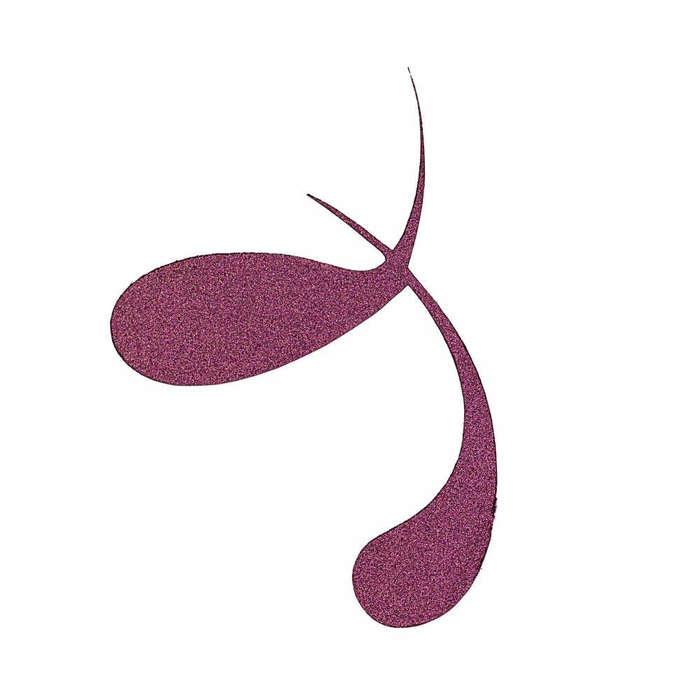 Deux traits d'eyeliner métalliques violets sur fond blanc. Forme : en forme de goutte.