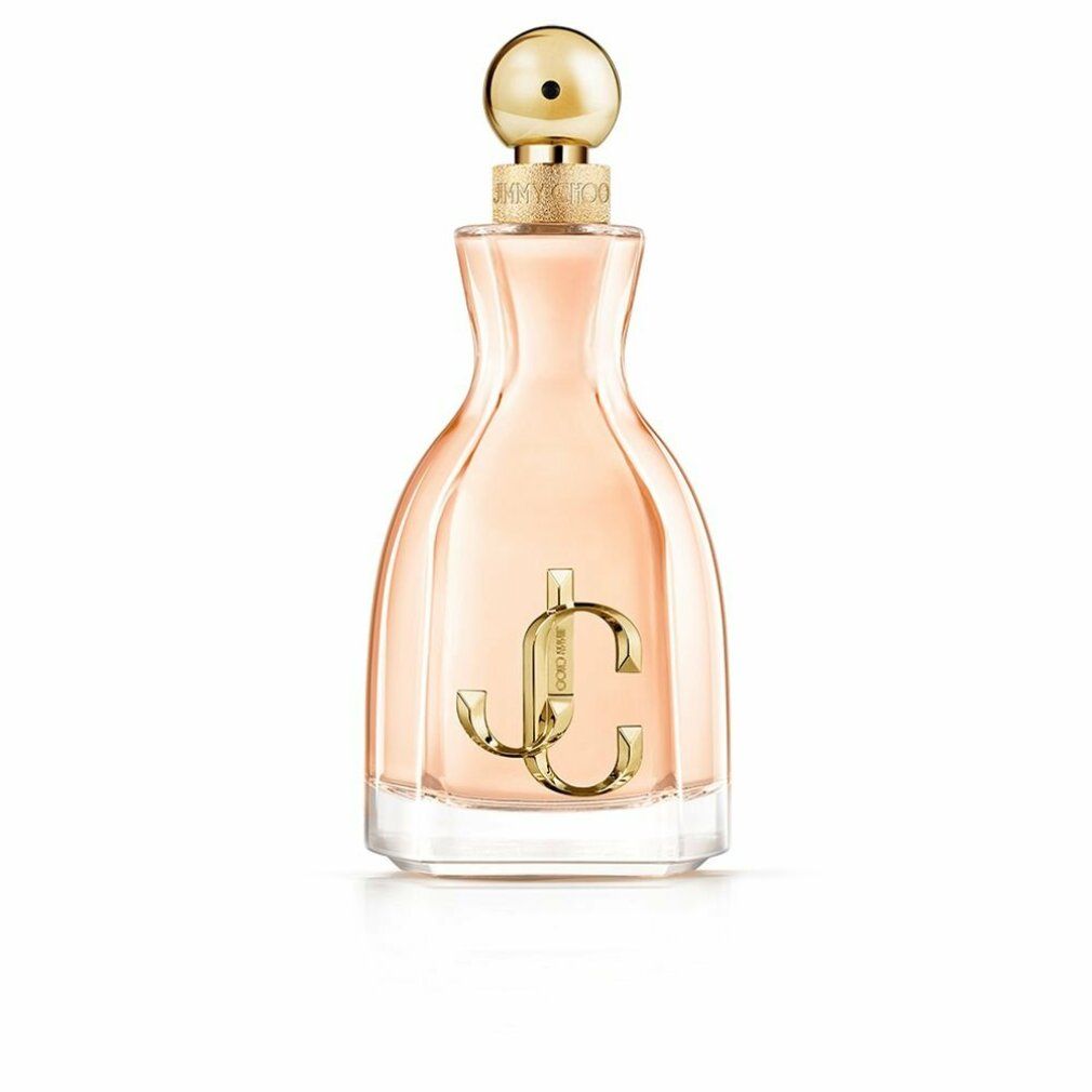 Flacon de parfum avec bouchon doré et logo. Liquide rose clair. Base en verre transparent. Inscription "JC".