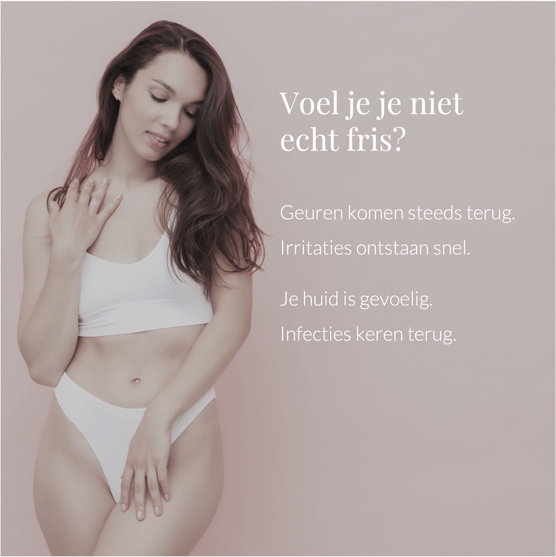 Vrouw in ondergoed. Tekst. Vegan- en bio-keurmerken.