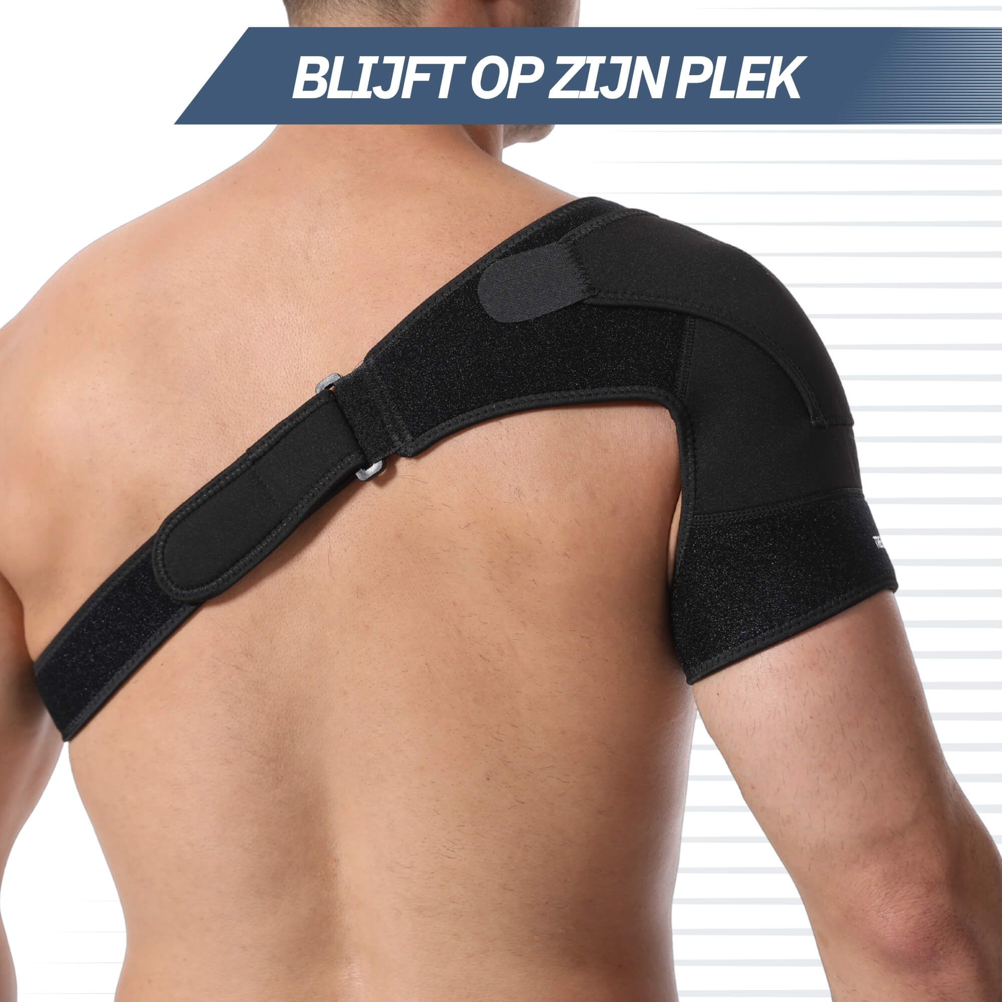 Homme portant une orthèse d'épaule noire réglable par velcro.