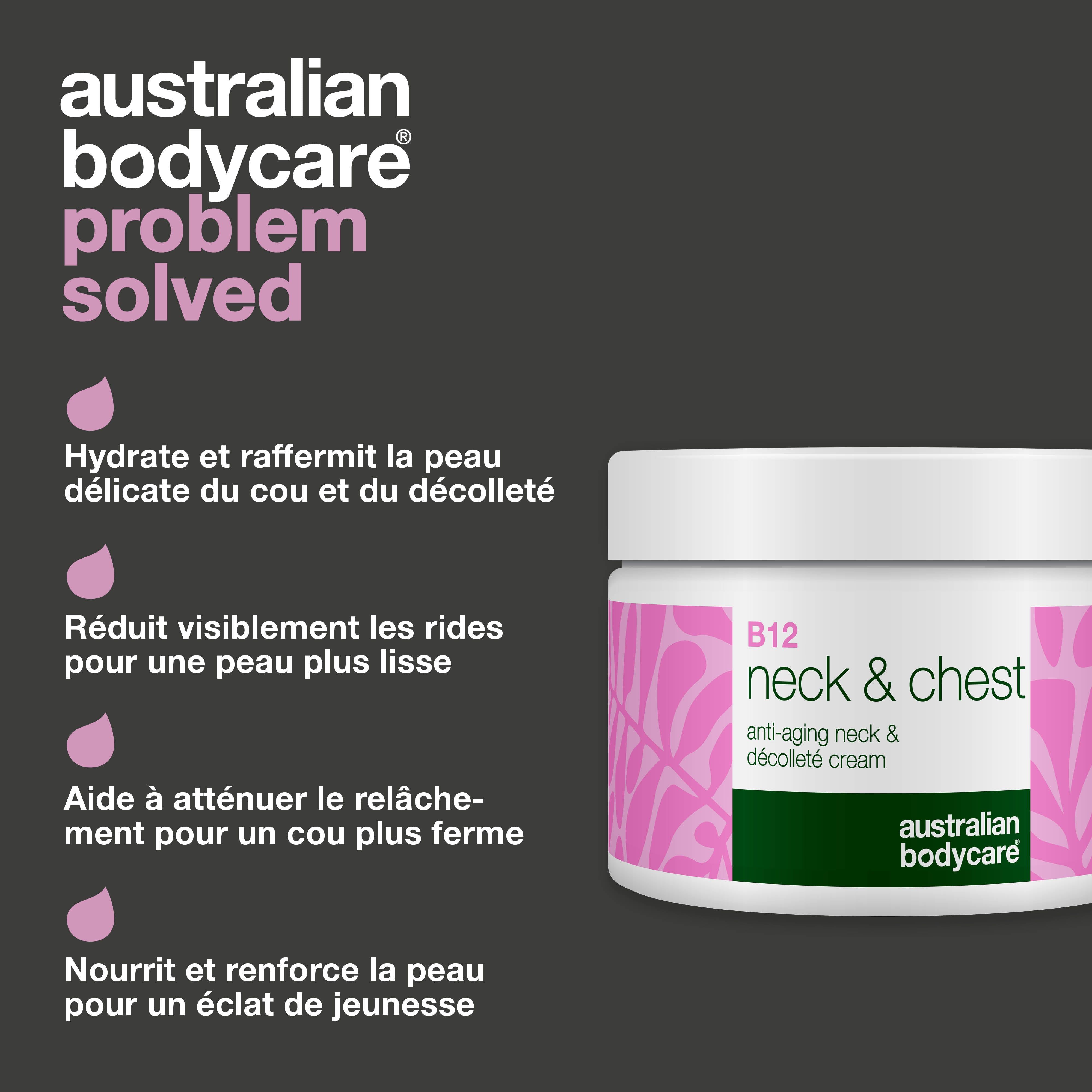 Pot de crème avec texte. Texte : hydrate, réduit les rides, raffermit, nourrit. Australian Bodycare.