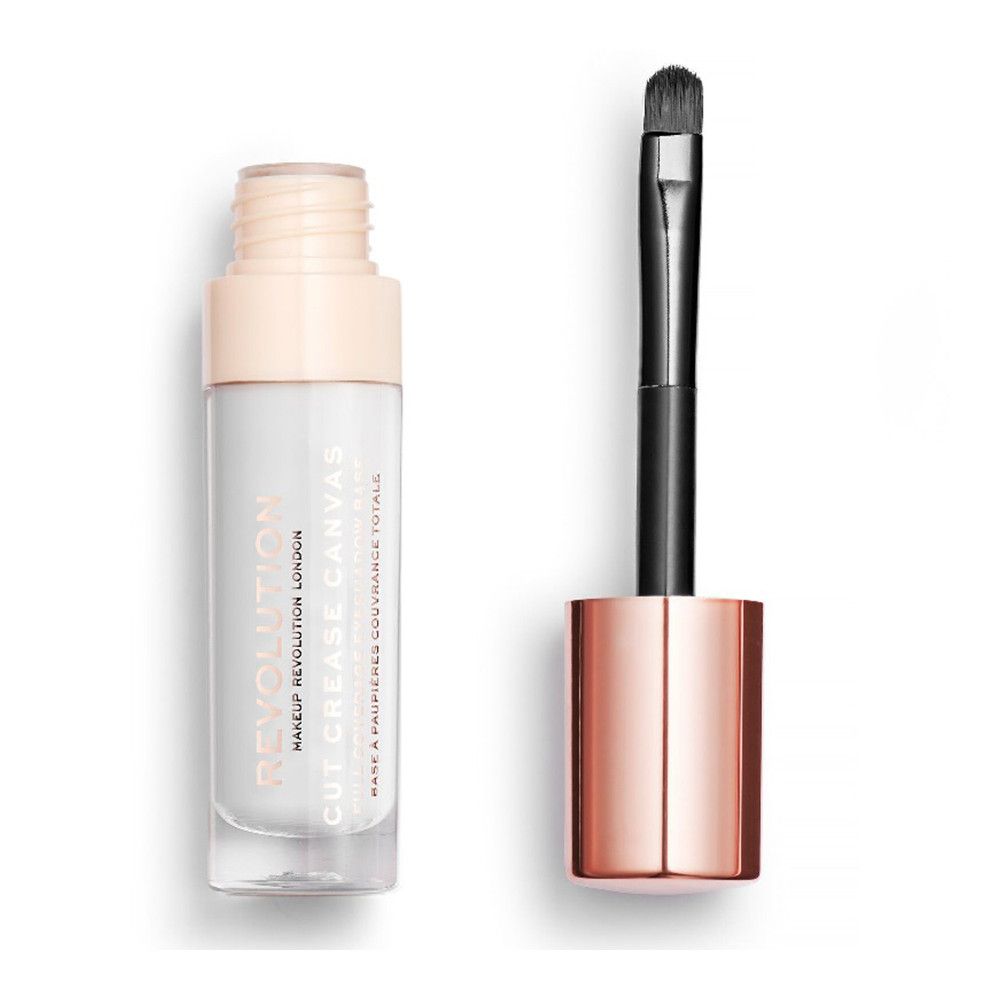 Base pour les paupières dans un flacon transparent avec bouchon doré rose et pinceau. Texte: Cut Crease Canvas.